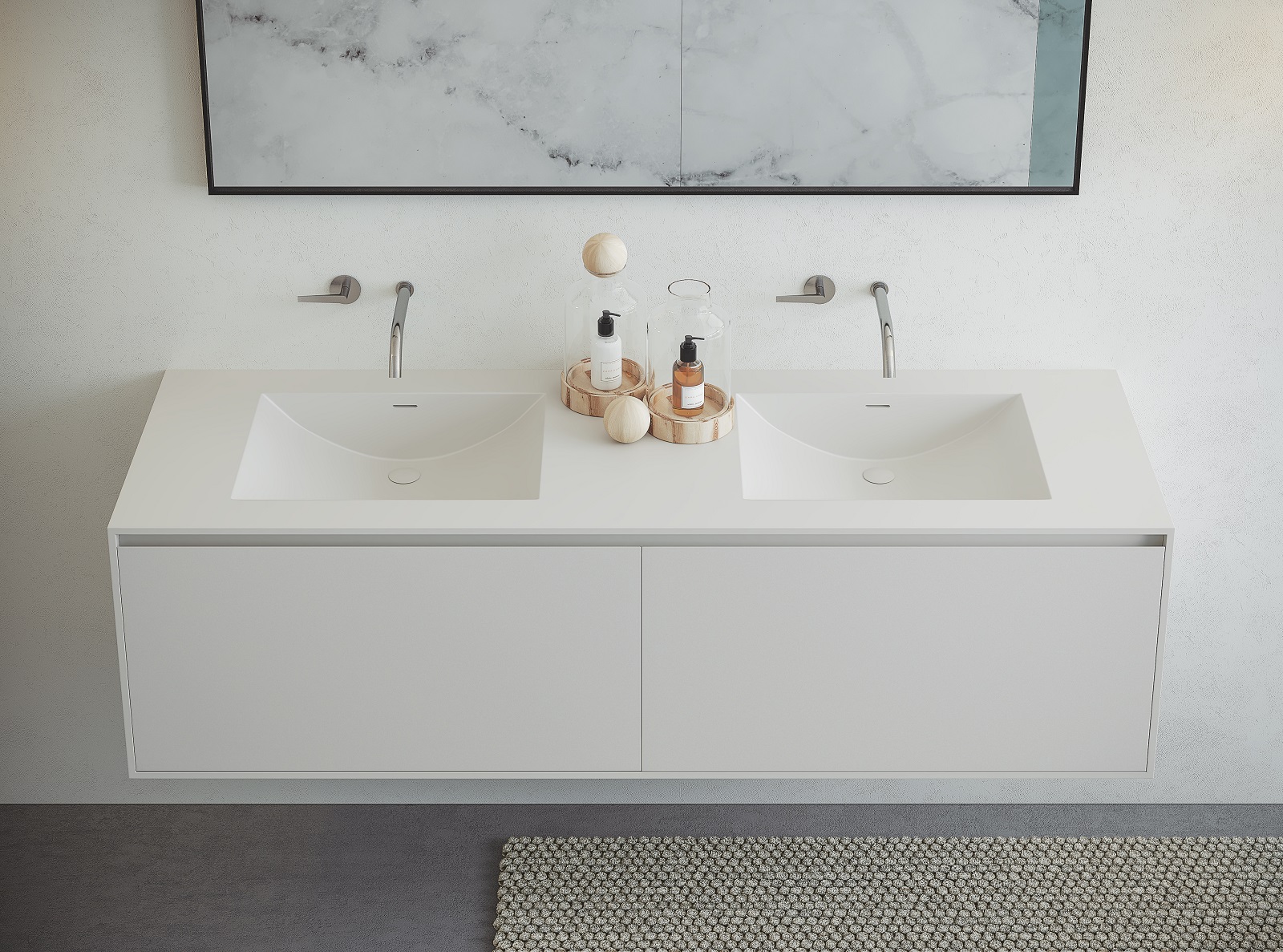 Ha due lavabi integrati Cuna 1 senza troppopieno e senza foro rubinetteria il top in Corian® facente parte della composizione Infinity5 di Planit. Misura L 160 x P 53 cm. Prezzo del solo top, Iva esclusa, 2.516 euro. www.planit.it Ha due lavabi integrati Cuna 1 senza troppopieno e senza foro rubinetteria il top in Corian® facente parte della composizione Infinity5 di Planit. Misura L 160 x P 53 cm. Prezzo del solo top, Iva esclusa, 2.516 euro. www.planit.it