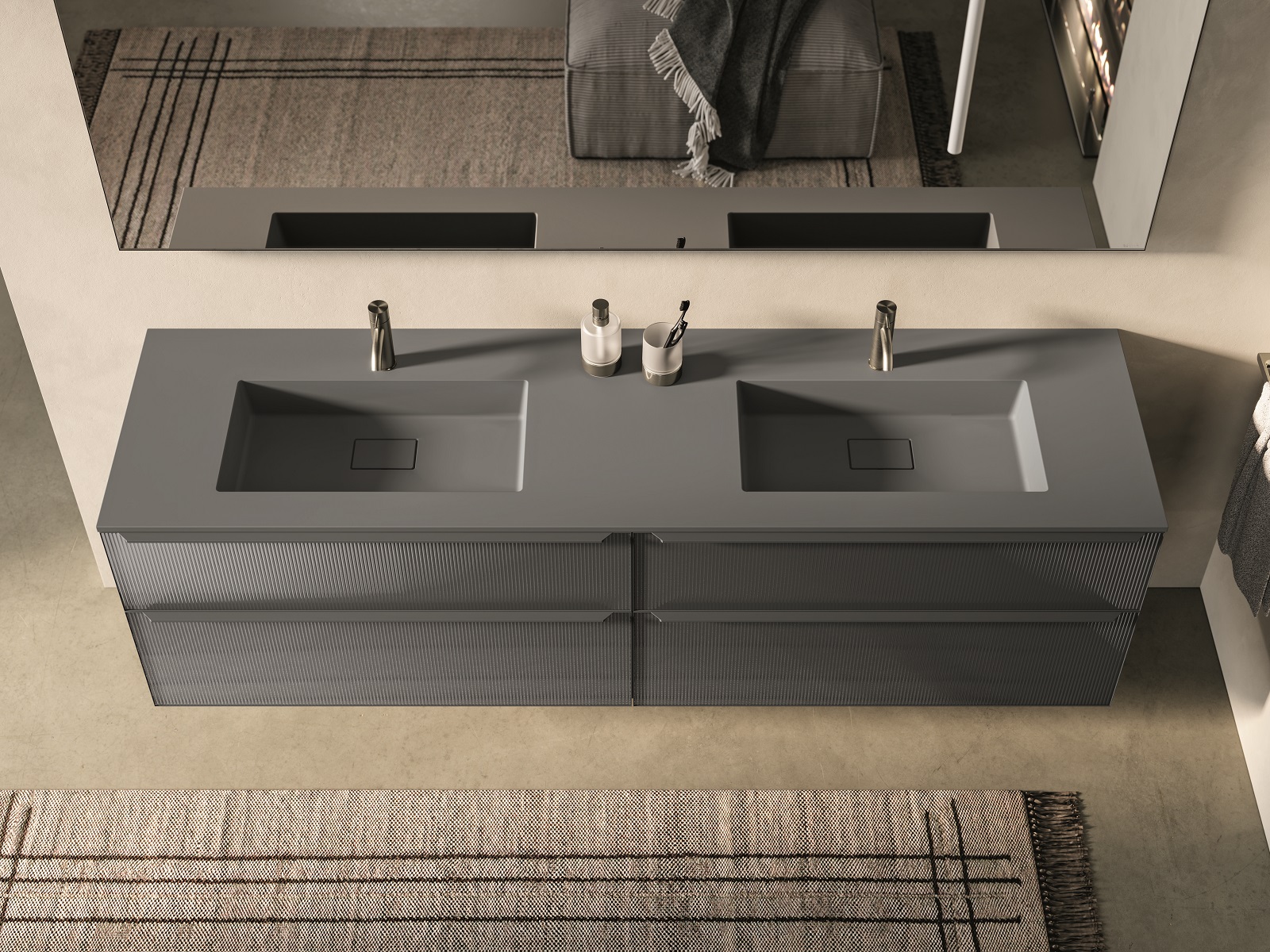 Il lavabo integrato rettangolare con doppia vasca Tiziano di Inda è in mineralguss, in foto in finitura grafite opaca. Senza troppopieno, è dotato di foro rubinetteria e copri piletta. Misura L 120 x P 48 cm. Prezzo 1.253 euro. www.inda.net Il lavabo integrato rettangolare con doppia vasca Tiziano di Inda è in mineralguss, in foto in finitura grafite opaca. Senza troppopieno, è dotato di foro rubinetteria e copri piletta. Misura L 120 x P 48 cm. Prezzo 1.253 euro. www.inda.net