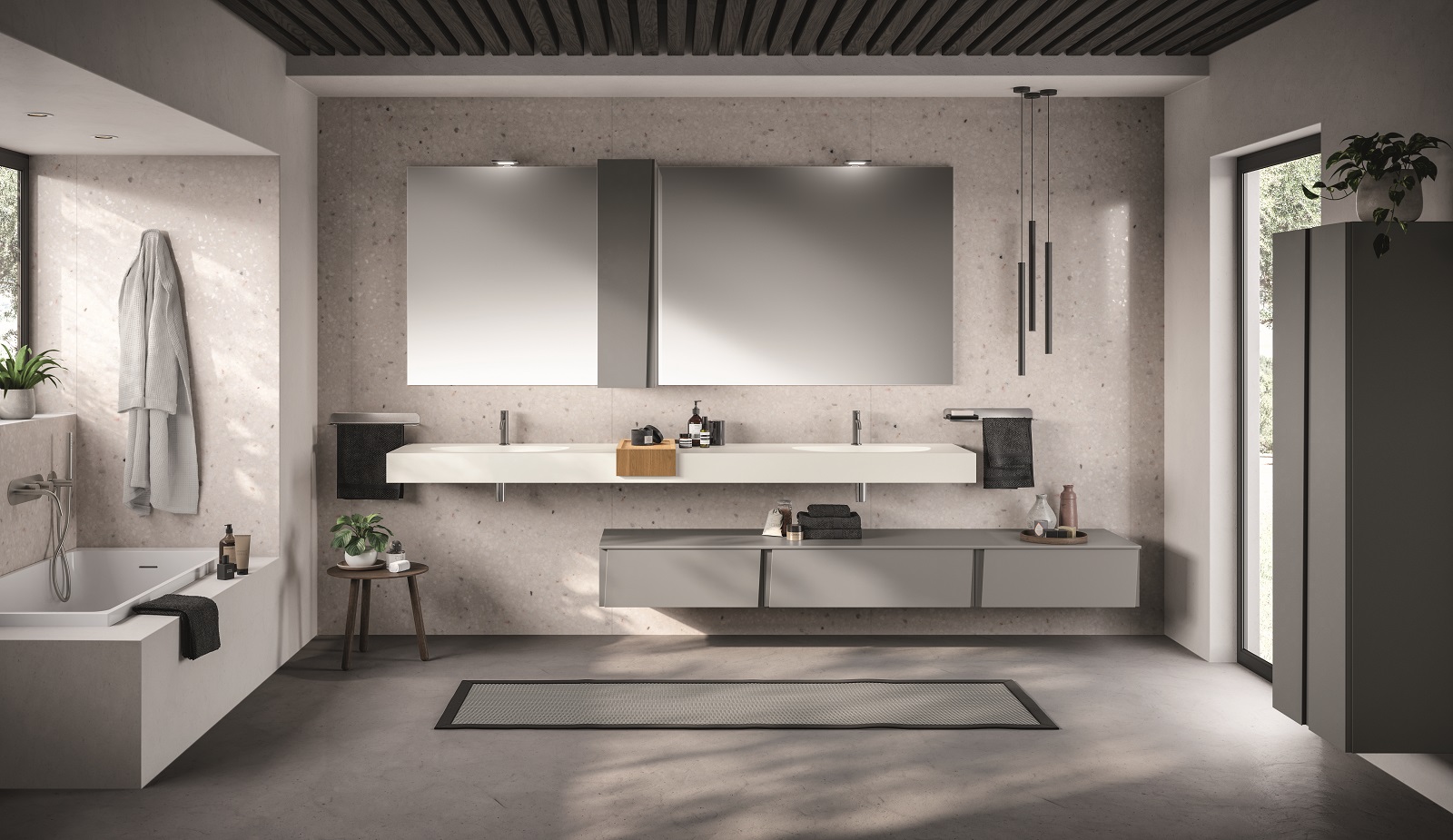 La composizione Lagu di Scavolini si compone di un piano sospeso in Mineralsolid con lavabi Whole integrati e vassoio scorrevole Useful in legno di Rovere. Misura L 250 x H 12,5 cm. Prezzo su richiesta. www.scavolini.com La composizione Lagu di Scavolini si compone di un piano sospeso in Mineralsolid con lavabi Whole integrati e vassoio scorrevole Useful in legno di Rovere. Misura L 250 x H 12,5 cm. Prezzo su richiesta. www.scavolini.com
