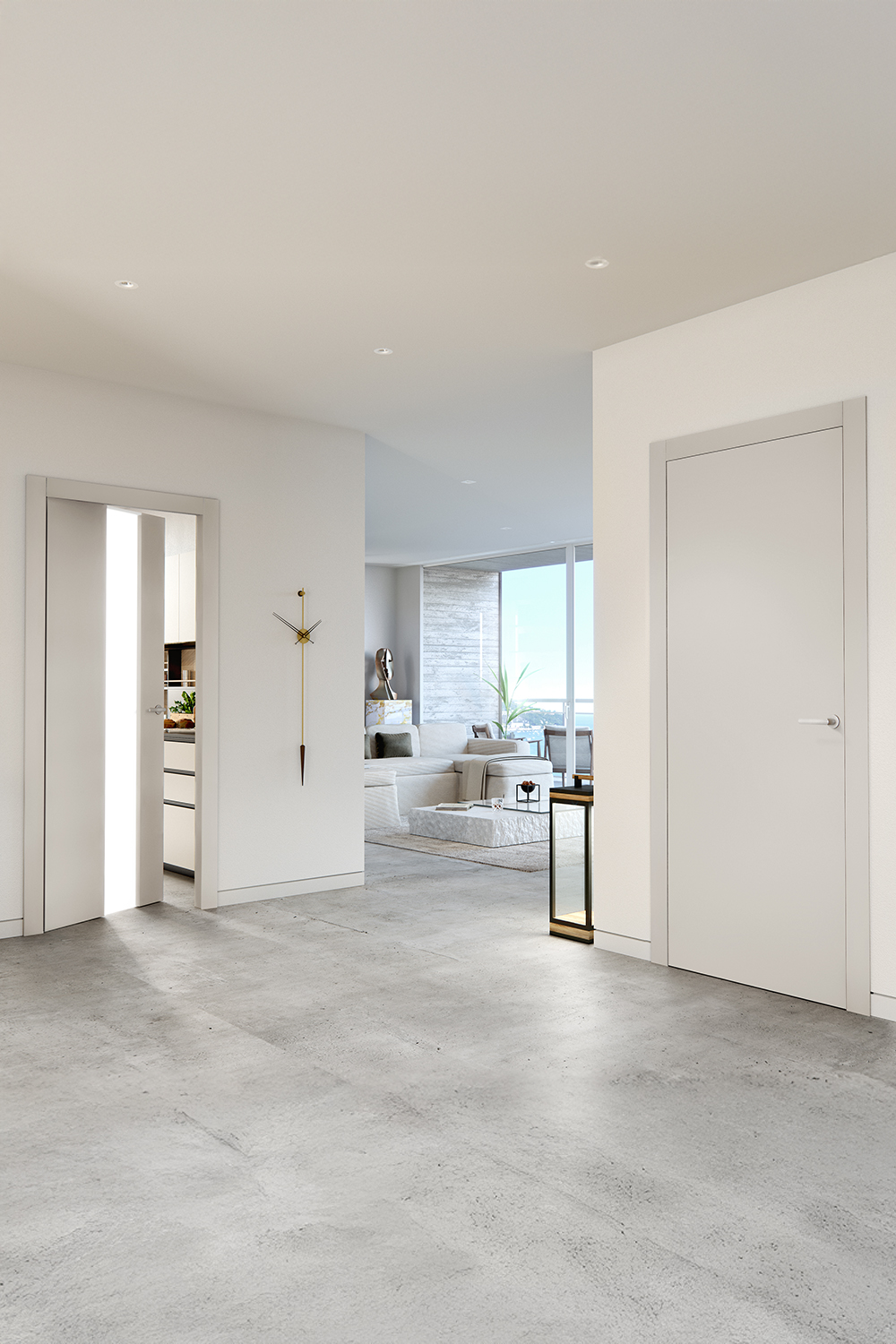Nell’immagine, sulla sinistra, porta Liss Vetro  qui proposta nella nuova finitura Grigio con apertura a battente. Sulla destra, porta Liss nella finitura Grigio con telaio Flat, complanare all’anta.