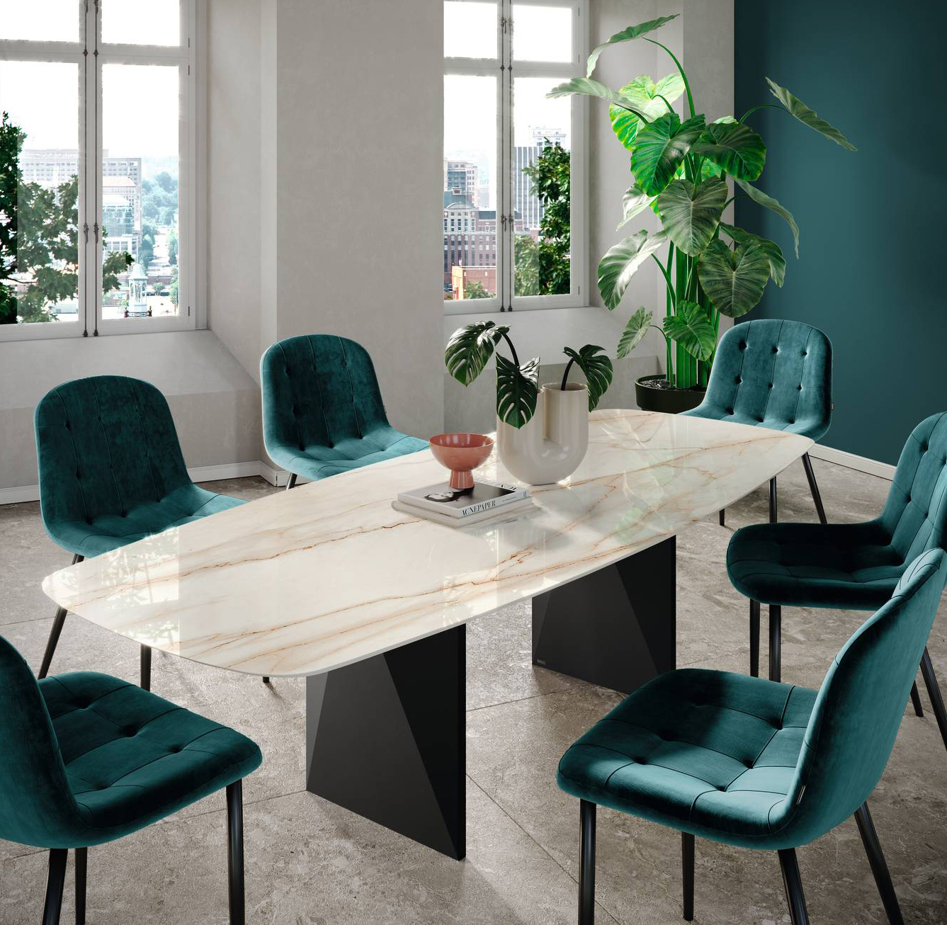 Il piano del tavolo Boston di Scavolini riproduce le raffinate venature del marmo bianco, ma è realizzato in Abitum Lincoln Oro con finitura lucidata; la struttura in metallo verniciato nero, con una forma scultorea, mette in risalto la colorazione chiara del top. Misura L 200 x P 100 x H 75 cm. Prezzo su richiesta. www.scavolini.com Il piano del tavolo Boston di Scavolini riproduce le raffinate venature del marmo bianco, ma è realizzato in Abitum Lincoln Oro con finitura lucidata; la struttura in metallo verniciato nero, con una forma scultorea, mette in risalto la colorazione chiara del top. Misura L 200 x P 100 x H 75 cm. Prezzo su richiesta. www.scavolini.com