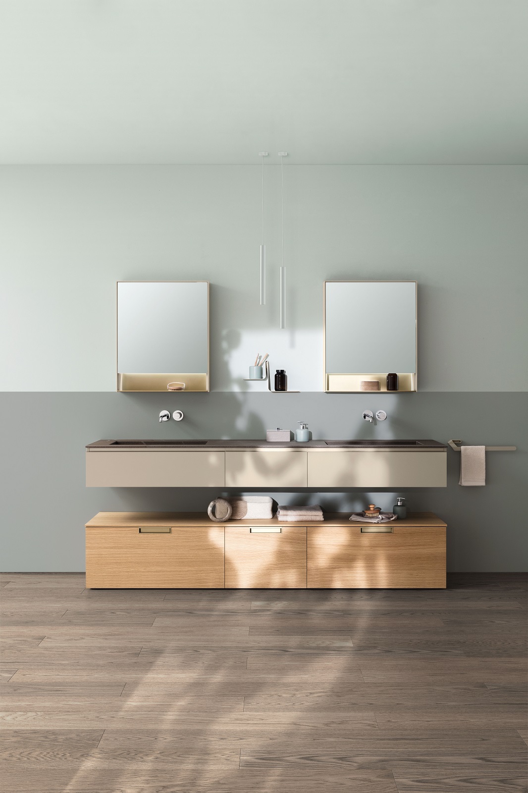 Ha top finitura Gres Pietra Piasentina Taupe Fiammato con doppio lavabo la base lavabo Dress System Natural di Arblu con finitura laccato opaco Ghiaia. Misura L 220 x P 50 cm. Prezzo, Iva esclusa, 4.000 euro. www.arblu.it Ha top finitura Gres Pietra Piasentina Taupe Fiammato con doppio lavabo la base lavabo Dress System Natural di Arblu con finitura laccato opaco Ghiaia. Misura L 220 x P 50 cm. Prezzo, Iva esclusa, 4.000 euro. www.arblu.it