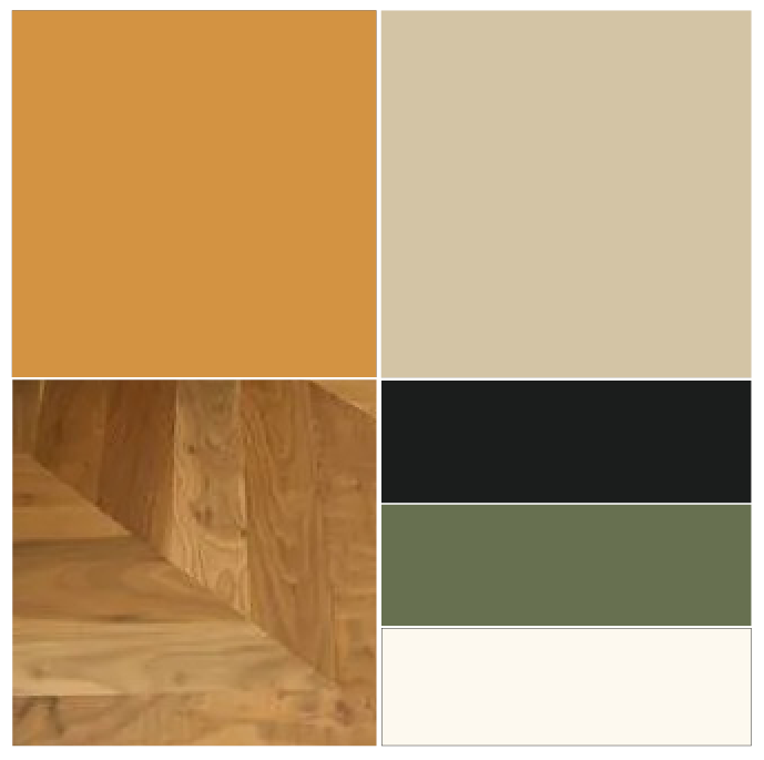 Abbinamento color ocra con beije parquet grezzo nero verde oliva e bianco latte