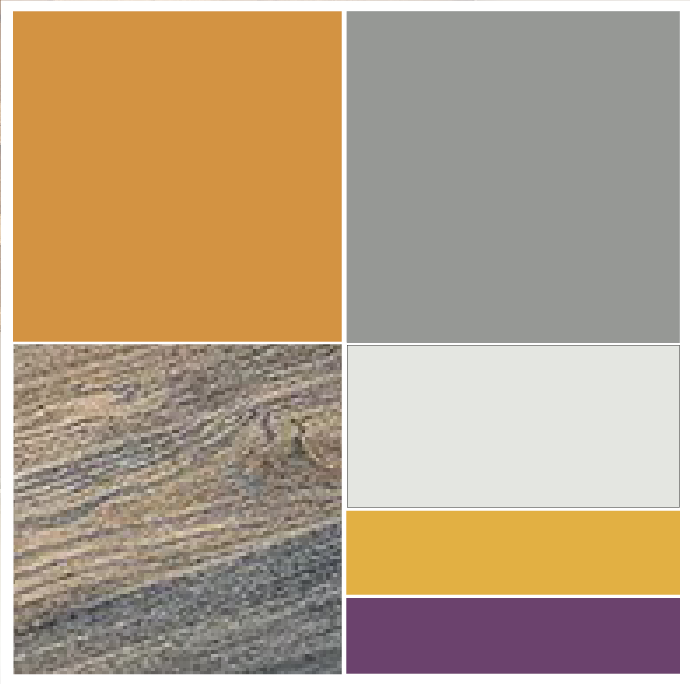 Abbinamento color ocra con grigio chiaro parqet grezzo bianco grigiastro giallo e violetto