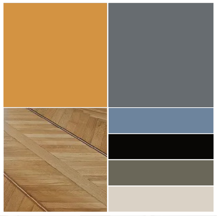 Abbinamento color ocra con grigio parquet chiaro azzurro carta da zucchero nero e tortora
