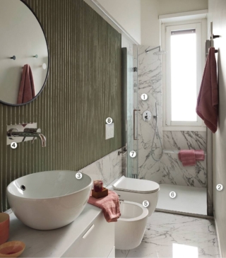 Bagno Progetto ARtelier Progetti, Torino. Foto Studio Roy; Styling Lidia Elisa Covello. ➊ Lastre in gres porcellanato Prestige di Ceramica Fioranese. www.fioranese.it ➋ Malta di Gras Calce. www.grascalce.it ➌ Lavabo Essential di Leroy Merlin. www.leroymerlin.it, su mobile Enhet di Ikea. www.ikea.com ➍ Rubinetto Trend di Italmix. www.italmix.com ➎ Sanitari Fusion di Hatria. www.hatria.com con cassetta Combifix di Geberit. www.geberit.it ➏ Piatto doccia di Acquabella. www.acquabella.com ➐ Box di Novellini. www.novellini.it ➑ Placca wc Sigma 01 di Geberit. www.geberit.it