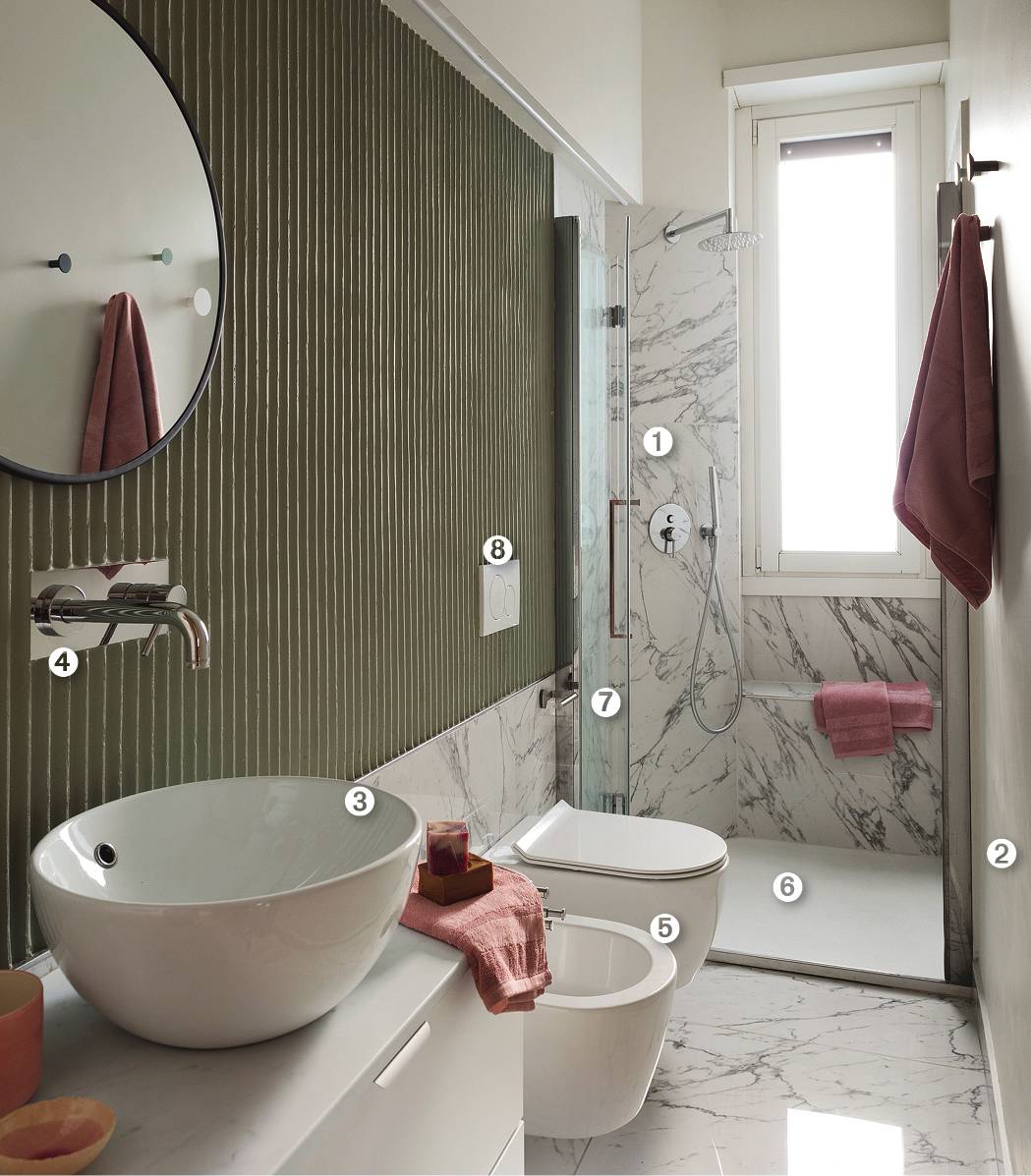 Bagno Progetto ARtelier Progetti, Torino. Foto Studio Roy; Styling Lidia Elisa Covello. ➊ Lastre in gres porcellanato Prestige di Ceramica Fioranese. www.fioranese.it ➋ Malta di Gras Calce. www.grascalce.it ➌ Lavabo Essential di Leroy Merlin. www.leroymerlin.it, su mobile Enhet di Ikea. www.ikea.com ➍ Rubinetto Trend di Italmix. www.italmix.com ➎ Sanitari Fusion di Hatria. www.hatria.com con cassetta Combifix di Geberit. www.geberit.it ➏ Piatto doccia di Acquabella. www.acquabella.com ➐ Box di Novellini. www.novellini.it ➑ Placca wc Sigma 01 di Geberit. www.geberit.it