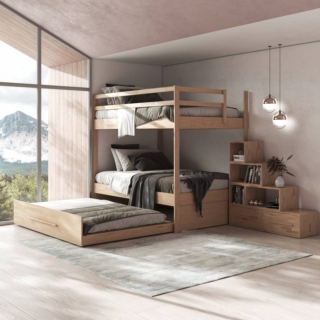 Castello matrimoniale, con terzo letto matrimoniale estraibile e scala a cubi Castello matrimoniale, con terzo letto matrimoniale estraibile e scala a cubi