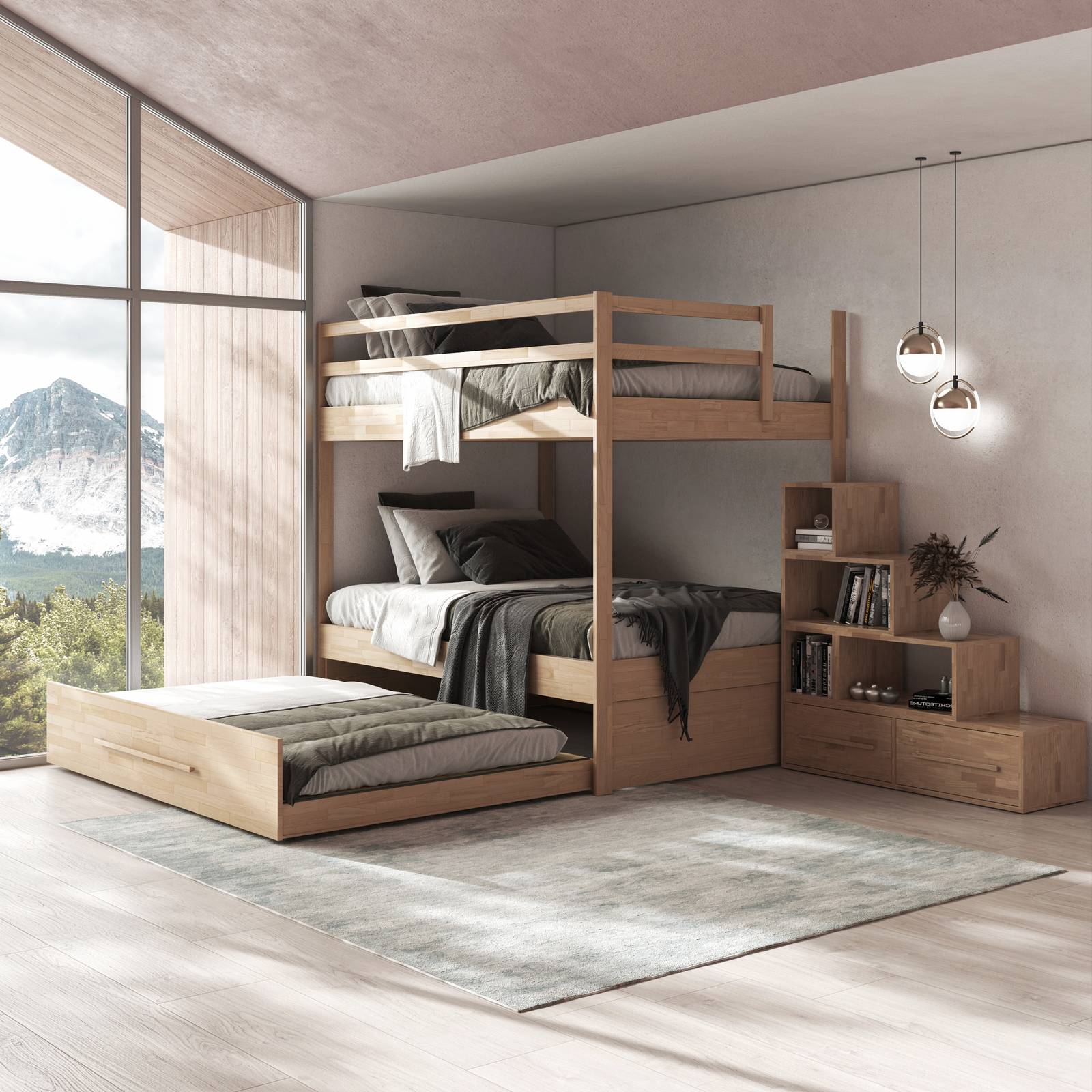 Castello matrimoniale, con terzo letto matrimoniale estraibile e scala a cubi Castello matrimoniale, con terzo letto matrimoniale estraibile e scala a cubi