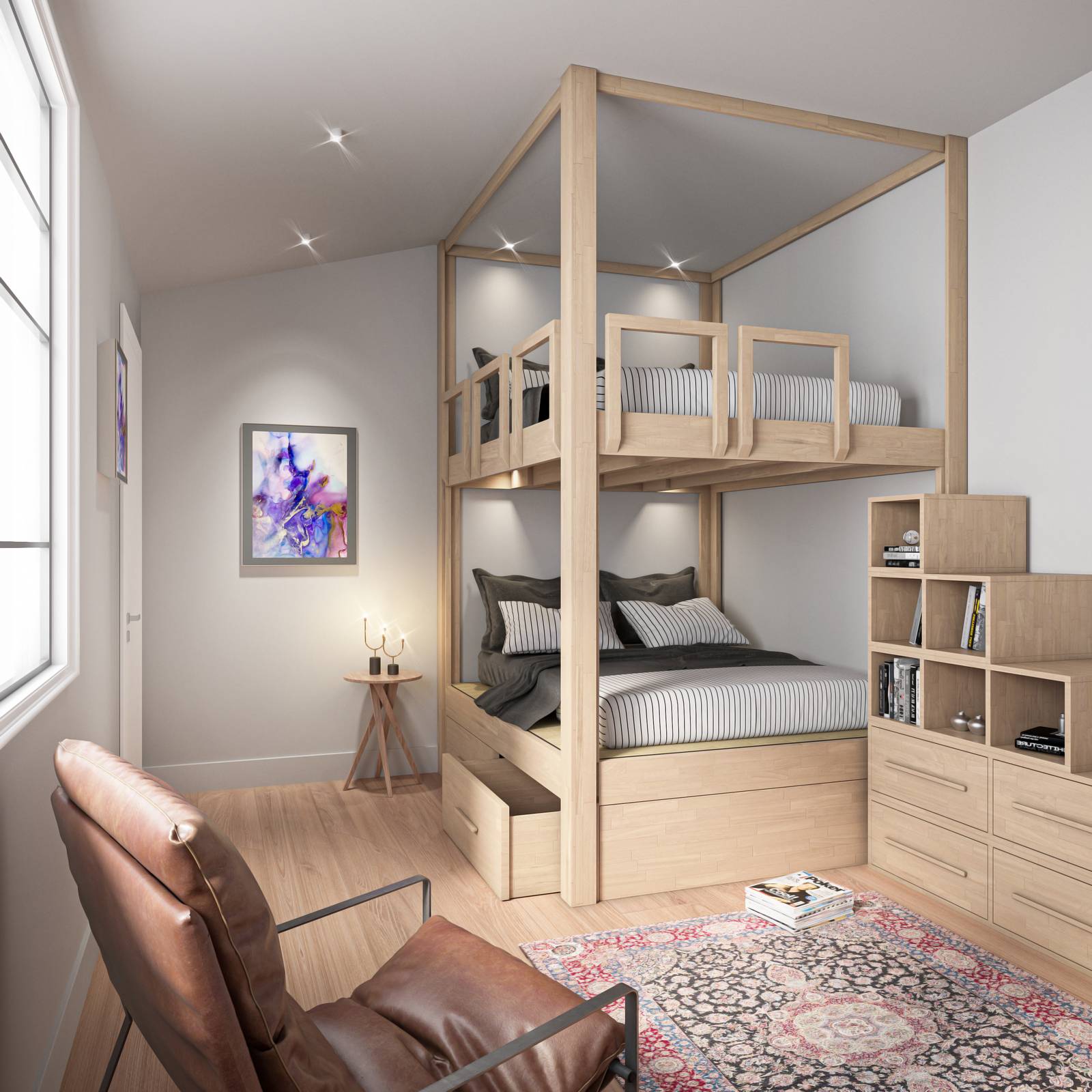 Yen E, letto a castello con cassettoni e scala a cubi Yen E, letto a castello con cassettoni e scala a cubi