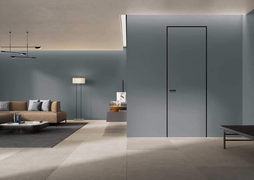 Equa Zero della collezione Zero di FerreroLegno qui proposto nella nuova ed ecosostenibile finitura ULTRAopaco Metallo Pure con telaio Concept e nuova maniglia Pepe. Dimensioni: 80 x 240 cm. Telaio: 10 cm.