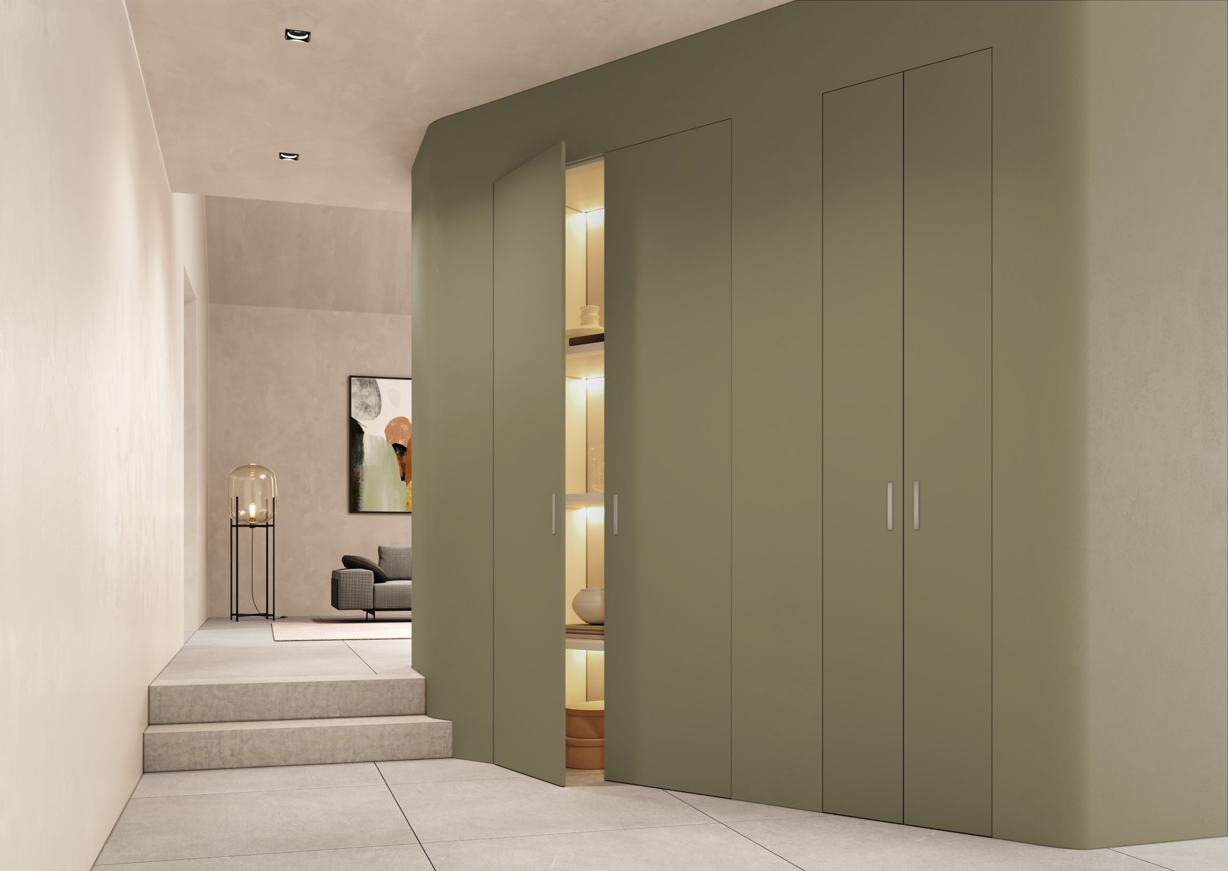 Skema, sistema di chiusure minimaliste di FerreroLegno, funzionale e su misura, qui proposto nella composizione con quattro ante a battente nella nuova finitura ecosostenibile ULTRAopaco Oliva Light. Dimensioni anta singola Skema battente: altezza da 30 a 260 cm; larghezza da 30 a 60 cm.
