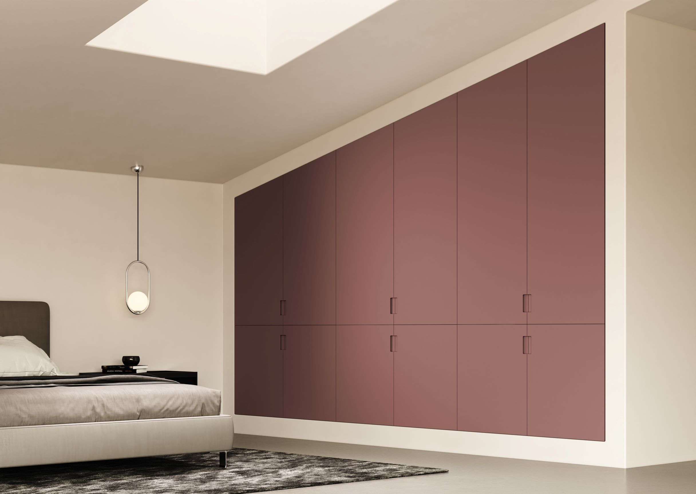 Skema, sistema di chiusure minimaliste di FerreroLegno, funzionale e su misura, qui proposto per creare una cabina armadio su misura nella nuova finitura ecosostenibile ULTRAopaco Malva Pure, con apertura a battente. Dimensioni anta singola: altezza da 30 a 260 cm; larghezza da 30 a 60 cm.