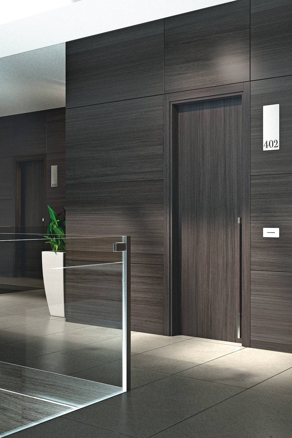 Porta modello N00, in finitura rovere grigio, con telaio Lineo e cornice Recta. Porta modello N00, in finitura rovere grigio, con telaio Lineo e cornice Recta.