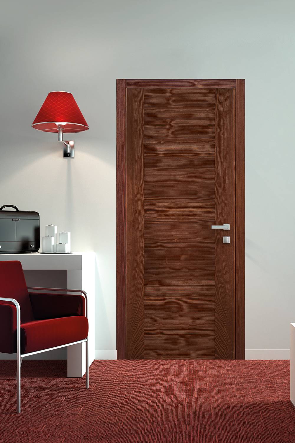 Porta modello N06 intarsiata, in finitura pino antico, con telaio Lineo e cornice Recta. Porta modello N06 intarsiata, in finitura pino antico, con telaio Lineo e cornice Recta.