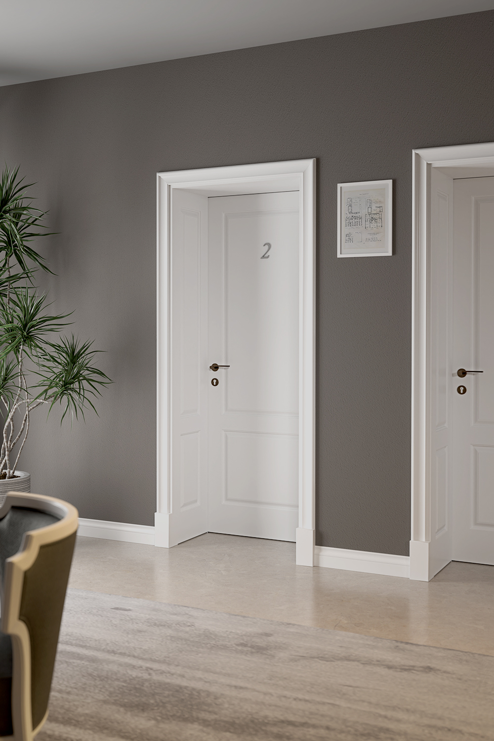 Porta modello T20, con pantografatura tradizionale, in finitura laccato bianco puro RAL 9010, maniglia Chic, telaio Lineo, cornice Barocca. Porta modello T20, con pantografatura tradizionale, in finitura laccato bianco puro RAL 9010, maniglia Chic, telaio Lineo, cornice Barocca.