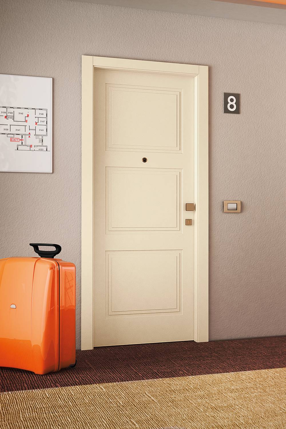 Porta modello TQ30, con pantografatura Quadra, in finitura laccato avorio RAL 1013, con telaio Lineo e cornice Ampia. Porta modello TQ30, con pantografatura Quadra, in finitura laccato avorio RAL 1013, con telaio Lineo e cornice Ampia.