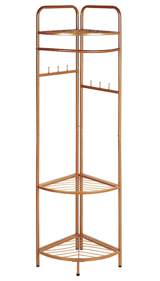 Lawton Oro di Beliani, in metallo dorato, è composto
da tre ampie mensole
e da ganci. Misura
L 53 x P 37 x H 160 cm;
costa 79,99 euro. www.beliani.it