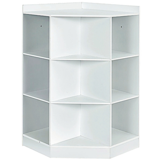 Il mobile ad angolo bianco di Costway ha struttura triangolare in Mdf bianco con sei vani quadrati, in cui possono essere inseriti i tre cestini colorati in dotazione, e tre nicchie frontali. Misura L 81 x P 61 x H 94 cm; costa 174,99 euro. www.costway.it
