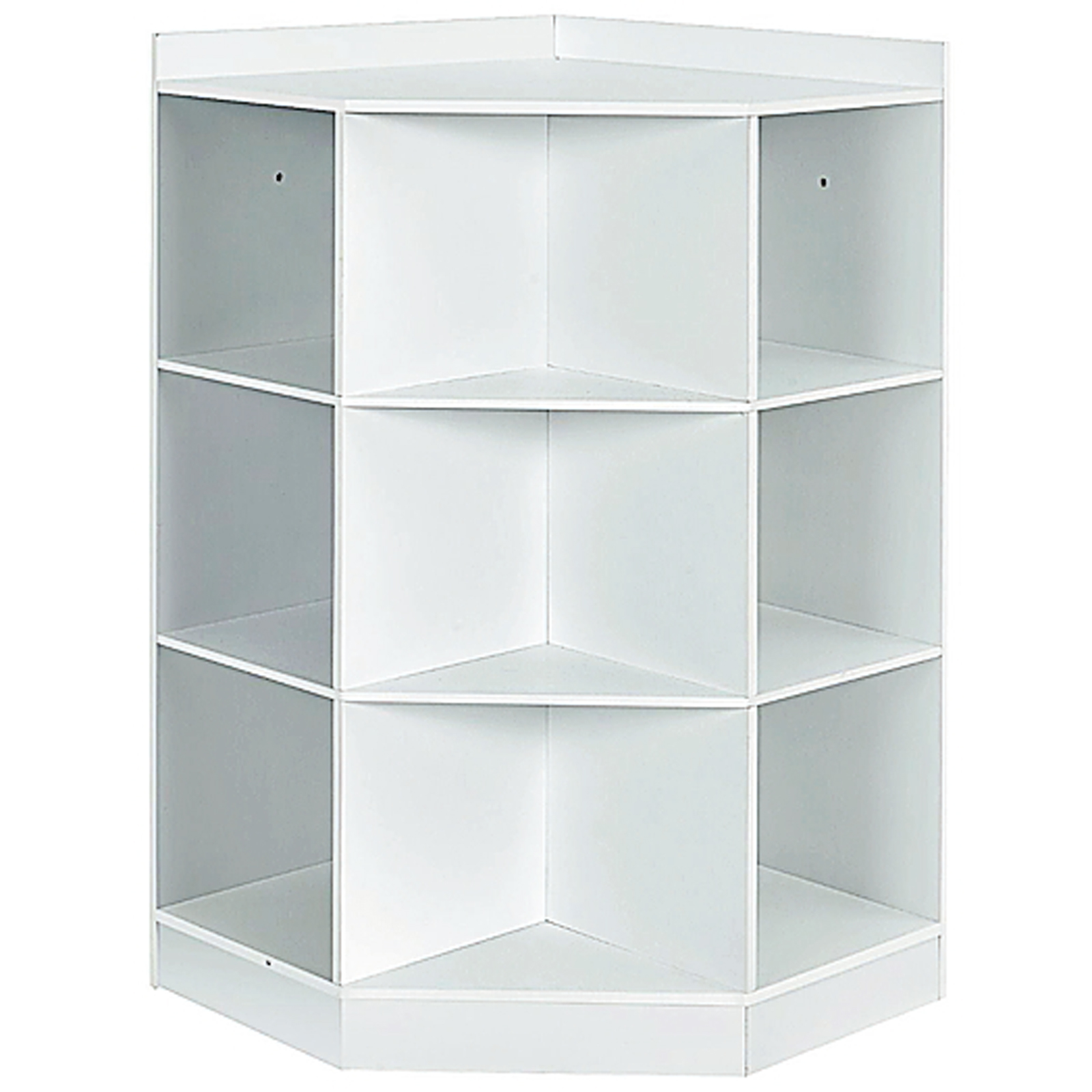 Il mobile ad angolo bianco di Costway ha struttura triangolare in Mdf bianco con sei vani quadrati, in cui possono essere inseriti i tre cestini colorati in dotazione, e tre nicchie frontali. Misura L 81 x P 61 x H 94 cm; costa 174,99 euro. www.costway.it