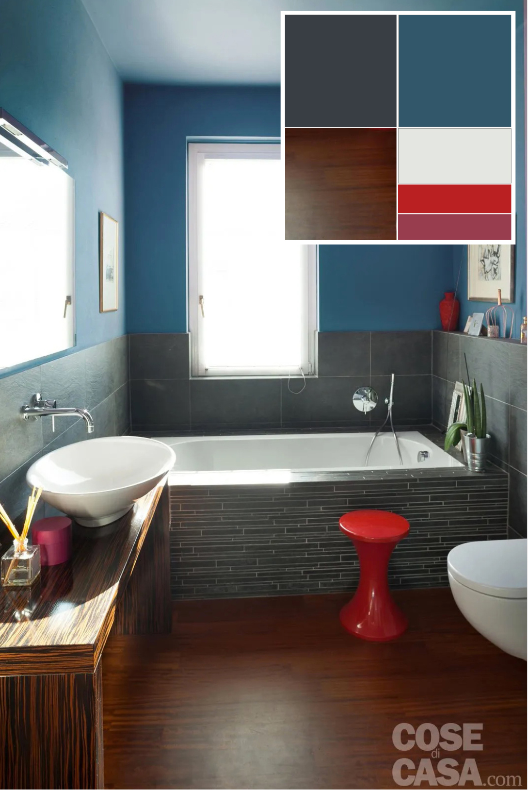 Il grigio antracite diventa una scelta vincente anche in bagno, in particolare modo se utilizzato con rivestimento e posto in contrasto coi sanitari bianchi ed elementi dai colori intensi, in questo caso sgabello evaso rosso brillante e pareti blu – Foto: Cristina Fiorentini. Progetto: arch. Miranda Morico. Il grigio antracite diventa una scelta vincente anche in bagno, in particolare modo se utilizzato con rivestimento e posto in contrasto coi sanitari bianchi ed elementi dai colori intensi, in questo caso sgabello evaso rosso brillante e pareti blu – Foto: Cristina Fiorentini. Progetto: arch. Miranda Morico.