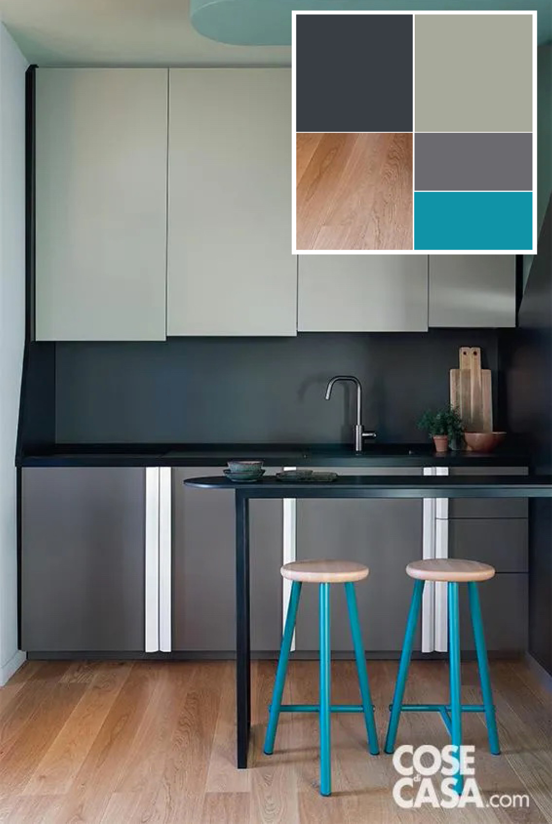 Il colore antracite si abbina ad altre sfumature neutre, come il tortora. In questa piccolissima cucina, le basi differenti dai pensili, insieme a sgabelli e pareti colorati, presentano uno spazio lineare e pratico ma di grande personalità – Foto: Barbara Corsico. Progetto: Sceg Architetti. Il colore antracite si abbina ad altre sfumature neutre, come il tortora. In questa piccolissima cucina, le basi differenti dai pensili, insieme a sgabelli e pareti colorati, presentano uno spazio lineare e pratico ma di grande personalità – Foto: Barbara Corsico. Progetto: Sceg Architetti.