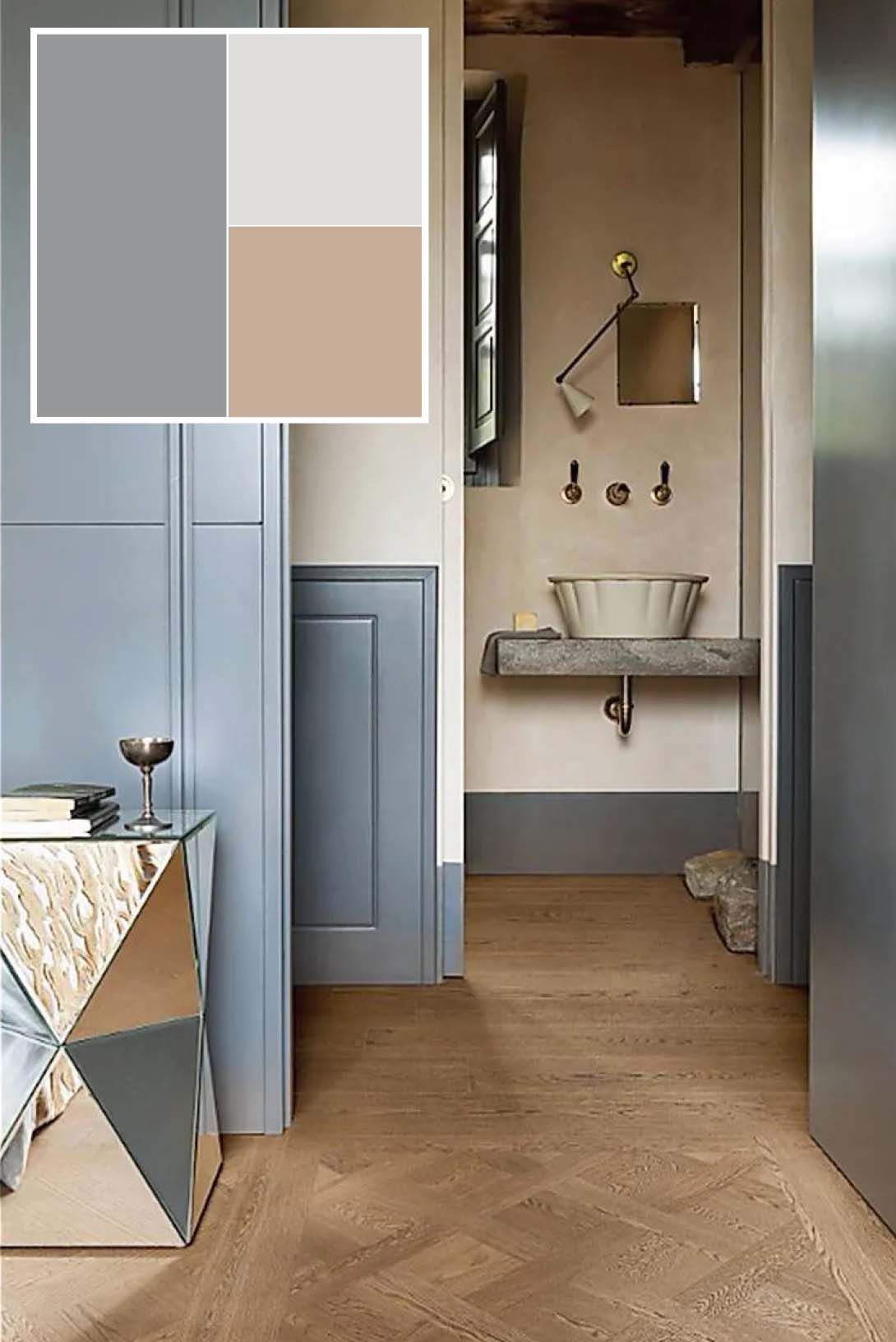 Anche un bagno decisamente rétro acquista un sapore esclusivo con l'introduzione del grigio, che crea piacevoli richiami visivi con alcuni dettagli degli altri ambienti circostanti. In particolare, è molto interessante l'idea di dipingere in questa tonalità il bordo inferiore del muro, invece di posare il classico battiscopa, aggiungendo un tocco originale  all'intero spazio. Il pavimento in gres effetto parquet (Intrecci Castagna di Marazzi, www.marazzi.it), aggiunge calore all'ambiente.