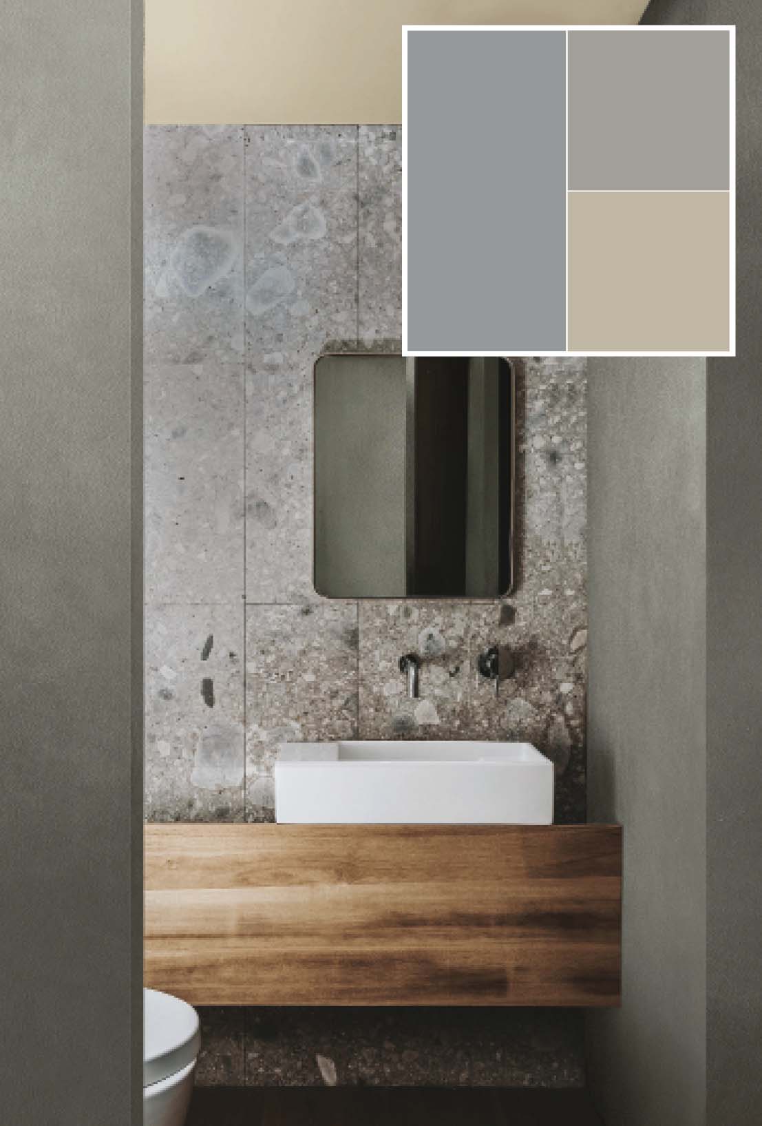 Nel bagno sono abbinate tre tonalità neutre che risaltano a vicenda. L'argento è una nuance brillante, perfetta con gli azzurri e i blu, la sfumatura cemento va sperimentata anche abbinata a tinte calde e terrose, mentre il tortora è il neutro più celebre, ottenuto dal mix di beige e grigio. Le pareti sono ottenute con Patina KK 68 di Kerakoll (www.kerakoll.com), una selezione di grigi caldi e accoglienti: 12 toni che vanno dal bianco al grigio cenere, perla, fumo, fino ai colori carbone, piombo e nero brunito. Foto Salva Lopez. 