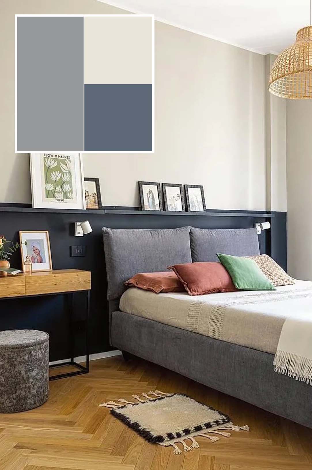 Un pannello posto a metà altezza sulla parete che ospita il letto è una scelta raffinata per la camera e facilmente riproducibile. In legno o materiali plastici come il polistirene, e dipinto in una tonalità intensa di grigio (smalto di Farrow&Ball, www.farrow-ball.com), evoca il fascino del passato, ma offre anche risvolti pratici. Protegge la parete da segni e urti e, se sufficientemente profondo, può fungere da comoda superficie d'appoggio per piccoli oggetti o per una lampada. Progetto: arch. Fabrizia Parlani, Torino, fabriziaparlani.com - Foto: Cristina Galliena Bohman - Styling: Laura Mauceri.