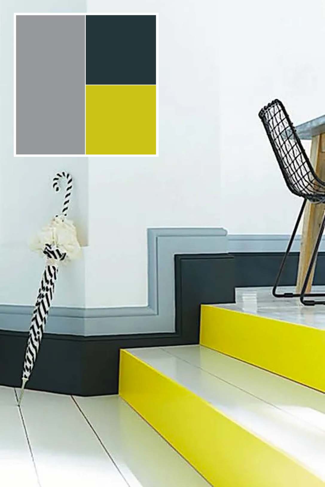 In questa immagine, lo schema grigio perla e antracite (Pittura decorativa grigia Intelligent Matt Emulsion giallo Trumpet e grigio Urbane Grey di Little Greene, www.littlegreene.com) + giallo guida lo sguardo lungo il percorso verso i gradini, producendo un effetto visivo dinamico e contemporaneo. L'uso del bianco per il pavimento, le pedate della scala e la parete accentua il contrasto e la luminosità.