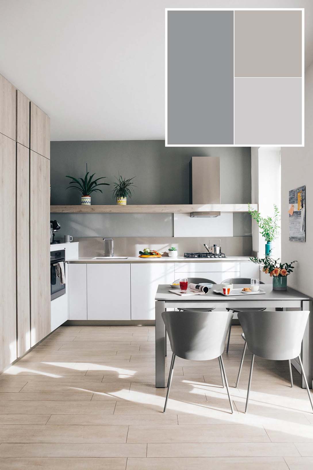 Nella zona operativa sono state scelte tre gradazioni di grigio: polvere, platino e perla. La prima è una sfumatura fredda, che dà il meglio con i verdi; il platino è il grigio più versatile, sta bene sia con colori freddi che caldi; il perla è una nuance molto luminosa, elegantissima con il bianco. L'insieme è facilmente abbinabile con una vasta gamma di materiali e permette, nella sobrietà, infinite possibilità di personalizzazione. Il grigio è uno dei colori leitmotiv della casa, qui utilizzato per la tinteggiatura della parete che incornicia la zona operativa, ma anche per il tavolo da pranzo rettangolare e per le sedie dal design avvolgente. Un angolo accogliente che può ospitare fino a sei persone. Progetto: arch. Francesco Brambilla, Studio Associato bbaa, Lissone (MB), www.bbaa.it
- Styling: Laura Mauceri - Foto: Studio Roy - Per vedere tutta la casa clicca qui