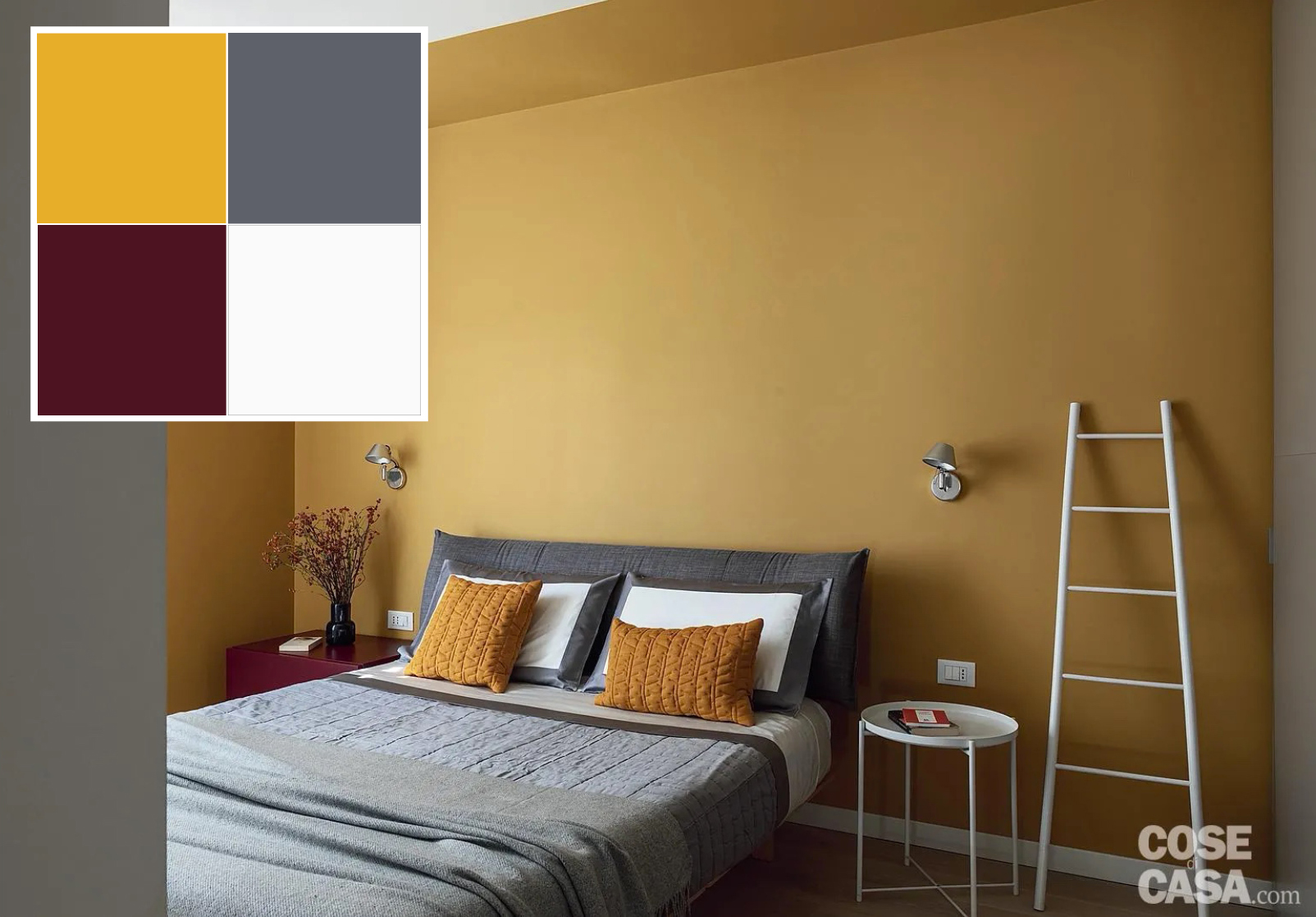 Per quanto riguarda le finiture, una precisa richiesta rivolta al progettista era stata quella di privilegiare gli sfondi neutri, in particolare per le grandi superfici della casa. Eppure è stata introdotta qualche concessione decorativa che assume anche una valenza architettonica. Nella camera matrimoniale, per esempio: la parete dietro il letto – tinteggiata con un’idropittura color senape dall’effetto opaco e coprente – “si allunga” lateralmente a destra e a sinistra e anche a soffitto. In questo modo, con il solo uso del colore, viene simulata la presenza di una rientranza che rende la zona del riposo più calda e accogliente grazie anche alla scelta di una tonalità solare. L’idea progettuale è quella di utilizzare l’intera parete come una sorta di grande testiera fuori scala. Foto: Claudio Tajoli, styling Rosaria Galli. Progetto architettonico: ing. Mattia Caprotti, Brugherio (MB), Tel. 039/870045. Progetto d’interior decoration: arch. Lucia Cazzaniga, Details Studio, Monza (MB), Tel. 039/2916128 – http://www.detailstudio.it. Per quanto riguarda le finiture, una precisa richiesta rivolta al progettista era stata quella di privilegiare gli sfondi neutri, in particolare per le grandi superfici della casa. Eppure è stata introdotta qualche concessione decorativa che assume anche una valenza architettonica. Nella camera matrimoniale, per esempio: la parete dietro il letto – tinteggiata con un’idropittura color senape dall’effetto opaco e coprente – “si allunga” lateralmente a destra e a sinistra e anche a soffitto. In questo modo, con il solo uso del colore, viene simulata la presenza di una rientranza che rende la zona del riposo più calda e accogliente grazie anche alla scelta di una tonalità solare. L’idea progettuale è quella di utilizzare l’intera parete come una sorta di grande testiera fuori scala. Foto: Claudio Tajoli, styling Rosaria Galli. Progetto architettonico: ing. Mattia Caprotti, Brugherio (MB), Tel. 039/870045. Progetto d’interior decoration: arch. Lucia Cazzaniga, Details Studio, Monza (MB), Tel. 039/2916128 – http://www.detailstudio.it.