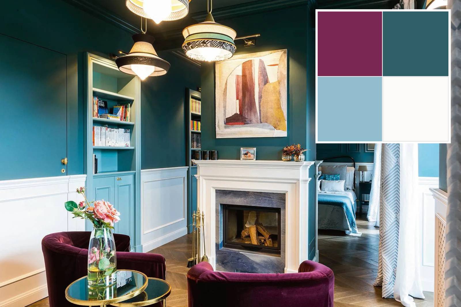 Nella stanza da letto, introdotta da un salottino, convivono in armonia diversi elementi: la quinta centrale che separa i due ambienti ospita il camino English style con cornice in gesso bianca (che riprende la boiserie) e inserti in marmo azul macaubas. Sopra, un quadro nelle tonalità della terra è il trait d’union cromatico fra il bianco e l’azzurro polvere e le poltroncine anni ’50 in velluto prugna. Dal soffitto scendono lampade d’ispirazione anni ’40, attualizzate da colori e note etniche. Foto: Michelangelo Bortuna. Progetto: arch. Barbara De Pascalis – http://www.atelierarchitettura.net. Nella stanza da letto, introdotta da un salottino, convivono in armonia diversi elementi: la quinta centrale che separa i due ambienti ospita il camino English style con cornice in gesso bianca (che riprende la boiserie) e inserti in marmo azul macaubas. Sopra, un quadro nelle tonalità della terra è il trait d’union cromatico fra il bianco e l’azzurro polvere e le poltroncine anni ’50 in velluto prugna. Dal soffitto scendono lampade d’ispirazione anni ’40, attualizzate da colori e note etniche. Foto: Michelangelo Bortuna. Progetto: arch. Barbara De Pascalis – http://www.atelierarchitettura.net.