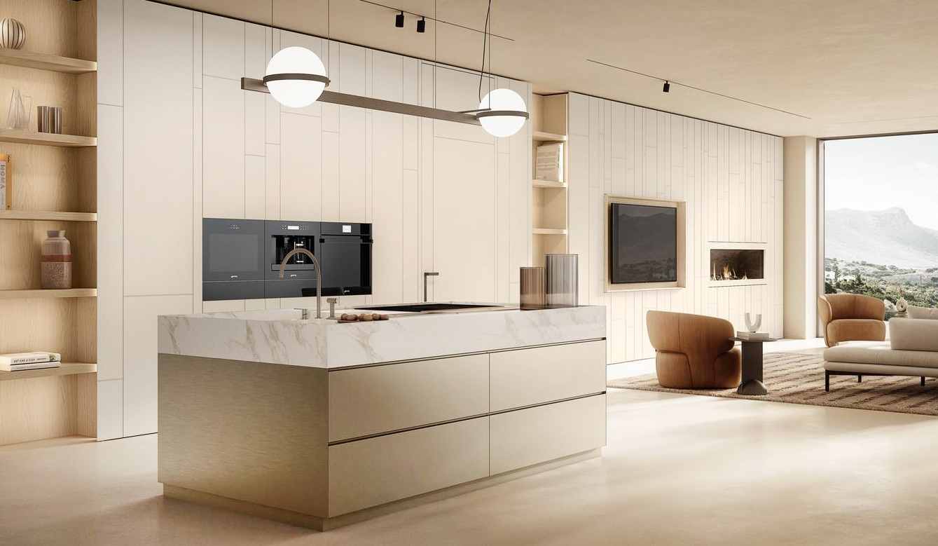 Fa parte della collezione Dress Code la cucina Open Space di Olivieri che integra perfettamente le colonne e che è caratterizzata da finiture coordinate con le porte d'arredo. Inoltre, l'altezza è calibrata al millimetro per ottimizzare al meglio lo spazio disponibile. https://www.olivierimobili.com - Fuorisalone, Flagship Olivieri – Mo1950 – Via Carducci 38, Milano.