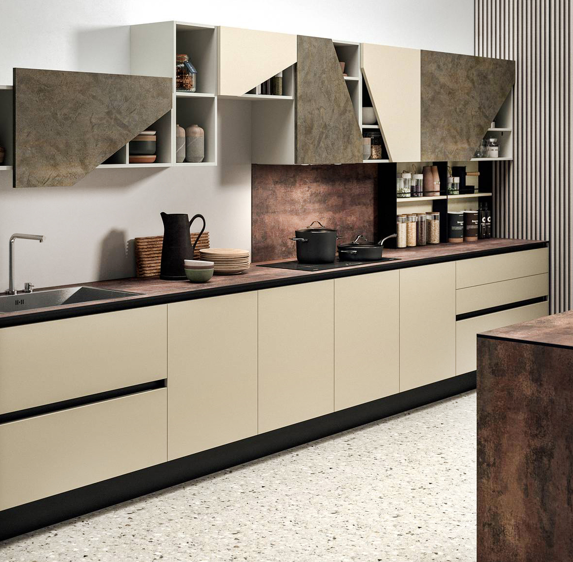 Si sviluppa lungo la parete Mia di ARAN Cucine: è composta da moduli con le ante lisce in LPL tinta unita con il piano di lavoro in HPL Stratificato ruggine cuore nero che è stato creato per ridurre a zero le infiltrazioni di acqua, vapore e olii, inoltre è igienico, resistente al calore, ai graffi e all’abrasione. Un modulo base da 60 cm, prezzo a partire da 198 euro + Iva. www.arancucine.it Si sviluppa lungo la parete Mia di ARAN Cucine: è composta da moduli con le ante lisce in LPL tinta unita con il piano di lavoro in HPL Stratificato ruggine cuore nero che è stato creato per ridurre a zero le infiltrazioni di acqua, vapore e olii, inoltre è igienico, resistente al calore, ai graffi e all’abrasione. Un modulo base da 60 cm, prezzo a partire da 198 euro + Iva. www.arancucine.it