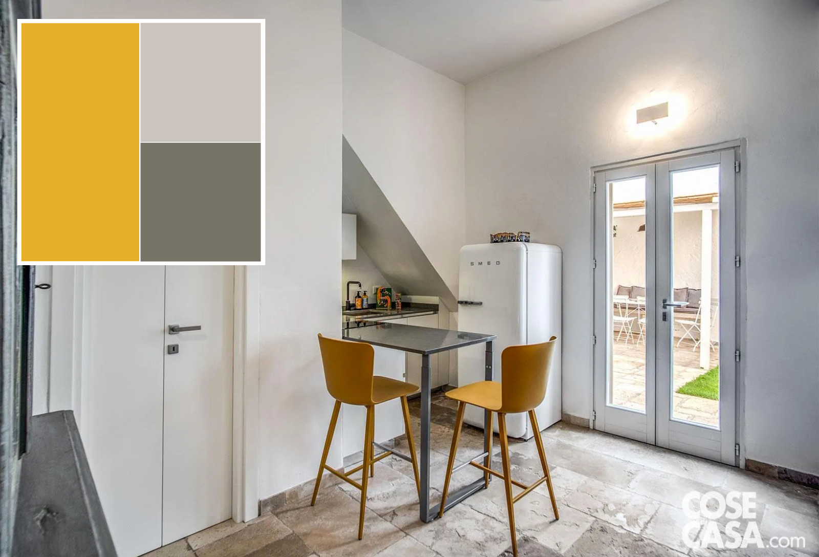 La cucina laccata bianco opaco con top di quarzo grigio di SCIC Italia dialoga cromaticamente con il candido frigorifero dalla linea retrò di Smeg e con il grigio del piano della penisola. Unica macchia di colore quella senape degli sgabelli di plastica Calla di Midj. Foto e progetto di interior design: Gian Paolo Guerra, via Carducci 11 Ostuni, http://www.gianpaologuerra.com. La cucina laccata bianco opaco con top di quarzo grigio di SCIC Italia dialoga cromaticamente con il candido frigorifero dalla linea retrò di Smeg e con il grigio del piano della penisola. Unica macchia di colore quella senape degli sgabelli di plastica Calla di Midj. Foto e progetto di interior design: Gian Paolo Guerra, via Carducci 11 Ostuni, http://www.gianpaologuerra.com.