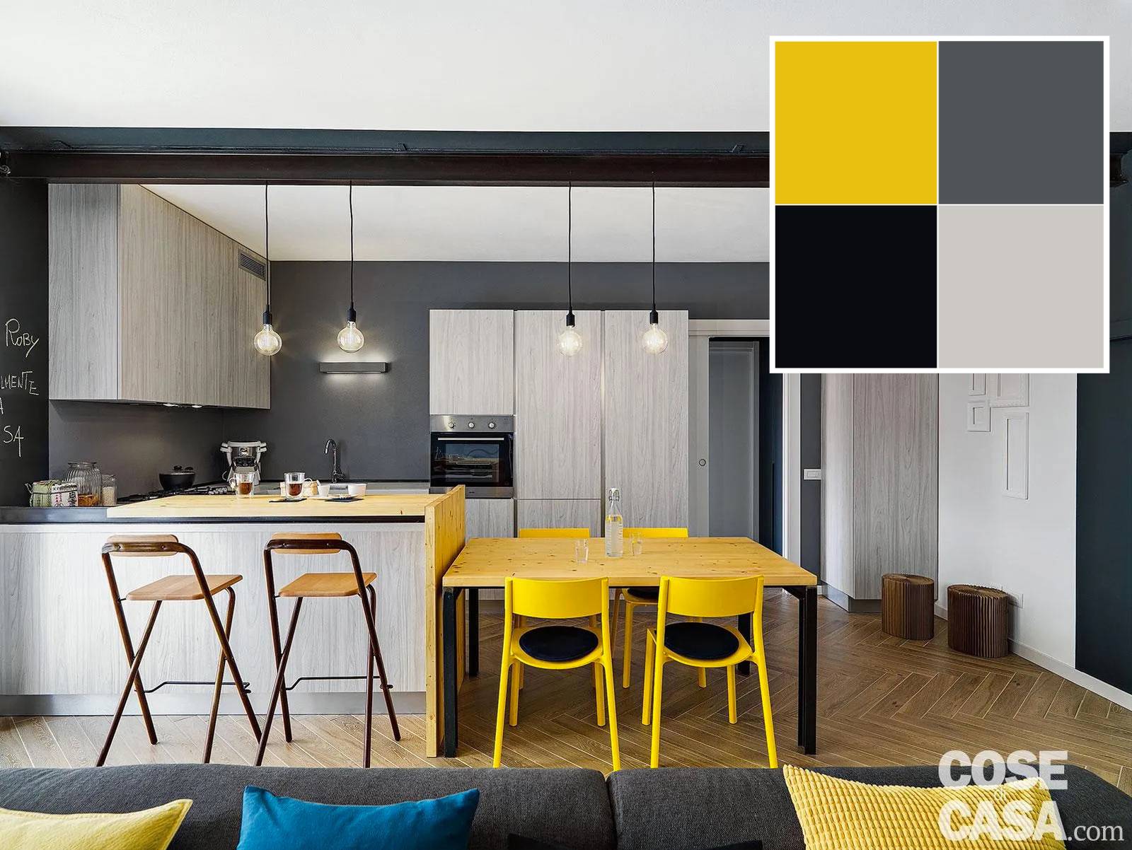 In questo appartamento la zona giorno è costituita da un open space che include il salotto, la zona pranzo e la cucina. Su un pavimento in gres effetto parquet dominano il grigio in diverse sfumature del divano in primo piano e delle pareti e il nero di sedie e sgabelli, delle luci o di altri dettagli oltre che di alcune porzioni di muro. In questo contesto spiccano senz'altro le sedie in materiale plastico di colore giallo, che mettono in luce la diversa area funzionale destinata al pranzo, abbinati al legno del tavolo, del bancone e degli sgabelli. Foto: Adriano Pecchio, styling Laura Mauceri. Progetto: arch. Alessandra Radice, D3 Architetti, Milano, Tel. 02/49633162- http://www.d3architetti.it.