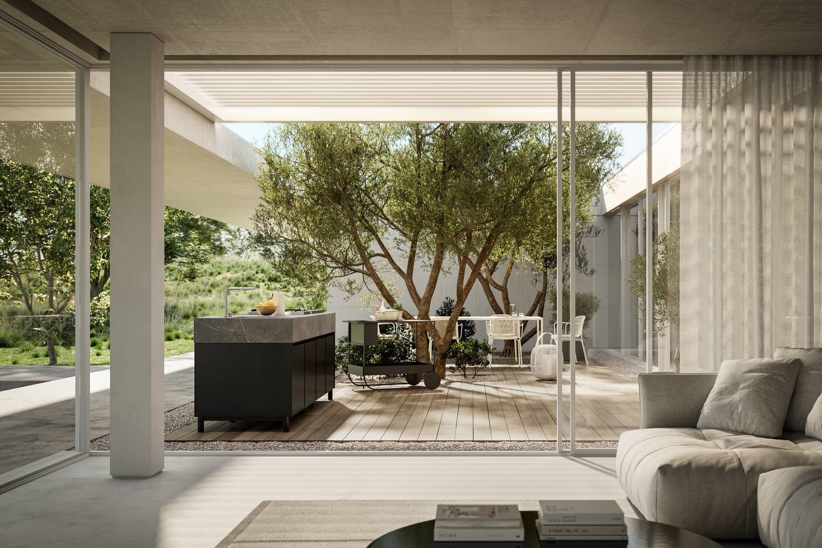 Aura è il primo e nuovo modello da esterni proposto da Arredo3: è completamente realizzato con materiali ecosostenibili e resistenti agli agenti atmosferici come alluminio, acciaio inox e lastre ceramiche. L'isola è composta da quattro basi in alluminio verniciato nero ed è dotata di un top ad alto spessore in Abitum Pietra Grigia in cui trovano posto il lavello in acciaio inox e il piano cottura a gas con il barbecue. https://www.arredo3.it - Fuorisalone, Arredo3 Store Milano Solferino –  Piazza San Marco 1, Milano.