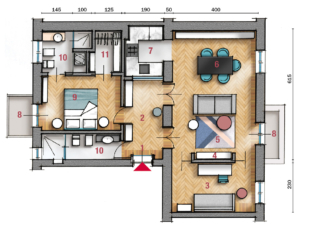 Nella piantina il tavolo occupa la posizione subito dietro il divano.