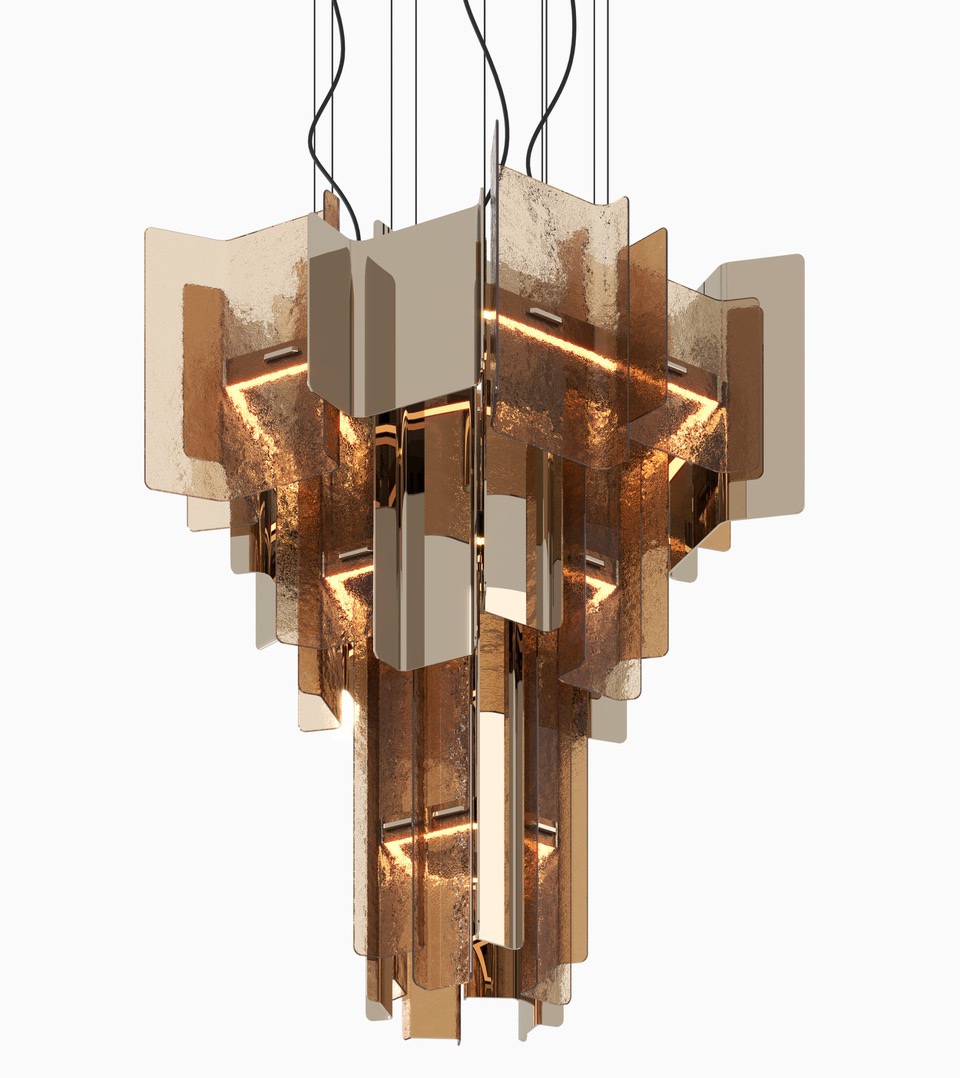 Iconica e scenografica la lampada a sospensione Cathedral di Tonelli Design che è composta da moduli con lamelle di metallo e vetro, disposte in modo geometrico, che danno vita ad un effetto visivo “scultoreo” e leggero nello stesso tempo. https://tonellidesign.it – Euroluce, padiglione 24, stand L12. Iconica e scenografica la lampada a sospensione Cathedral di Tonelli Design che è composta da moduli con lamelle di metallo e vetro, disposte in modo geometrico, che danno vita ad un effetto visivo “scultoreo” e leggero nello stesso tempo. https://tonellidesign.it – Euroluce, padiglione 24, stand L12.