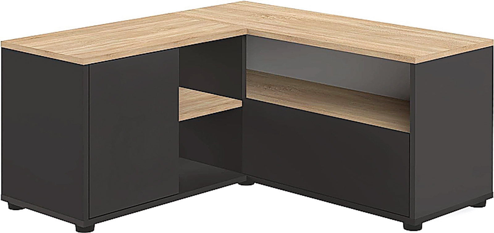 Angle 90 di Temahome è composto da due vani chiusi e due a giorno; top e ripiani sono effetto quercia in contrasto con le ante scure. Misura L 90 x P 90 x H 45 cm e, su www.home24.it, costa 134,99 euro. www.temahome.com