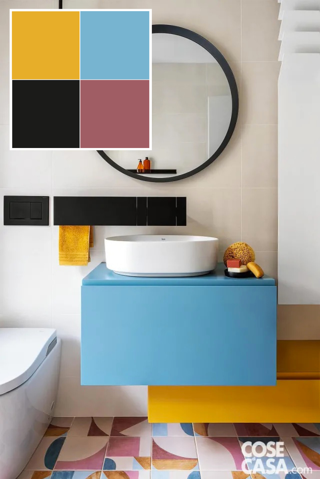 Bagno con mix di colori: senape, azzurri, rosa… Come da richiesta della proprietaria, la stanza da bagno è una personale oasi di benessere definita da una palette di colori allegri e rigeneranti, che riportano alla memoria suggestioni di viaggi passati. Le tinte si ritrovano tutte nel pavimento decorato e, in modo puntuale, sugli elementi d’arredo realizzati su misura, in un insieme vivace e ben calibrato, dove si inseriscono gli accessori e l’originale rubinetteria in nero (nuovo e super efficiente l’impianto idrico-sanitario). Foto: Riccardo Gasperoni. Progetto e styling: arch. Martina Chiara Maria Pozzi, email: martina_pozzi_17@hotmail.com, Tel. 327/1267024, IG: mp_archistudio. Bagno con mix di colori: senape, azzurri, rosa… Come da richiesta della proprietaria, la stanza da bagno è una personale oasi di benessere definita da una palette di colori allegri e rigeneranti, che riportano alla memoria suggestioni di viaggi passati. Le tinte si ritrovano tutte nel pavimento decorato e, in modo puntuale, sugli elementi d’arredo realizzati su misura, in un insieme vivace e ben calibrato, dove si inseriscono gli accessori e l’originale rubinetteria in nero (nuovo e super efficiente l’impianto idrico-sanitario). Foto: Riccardo Gasperoni. Progetto e styling: arch. Martina Chiara Maria Pozzi, email: martina_pozzi_17@hotmail.com, Tel. 327/1267024, IG: mp_archistudio.