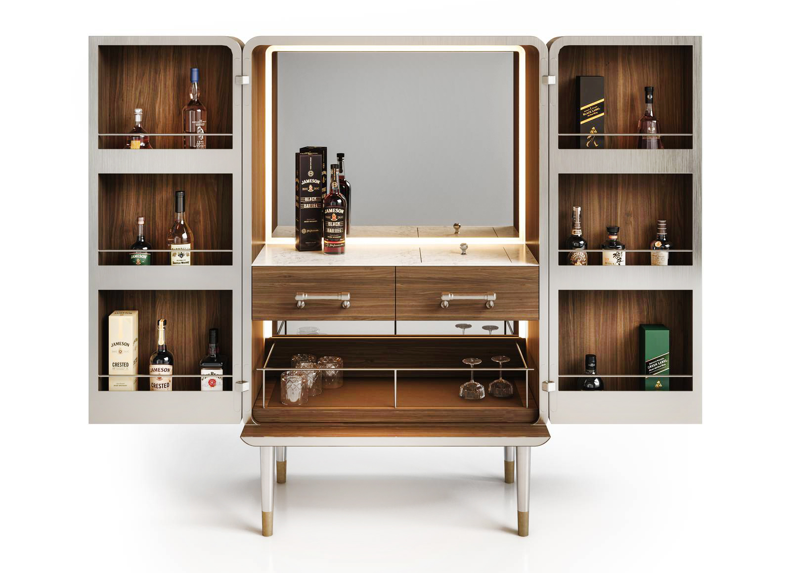 Unisce la tradizione artigianale alla praticità il mobile bar Cocktail Cabinet di Officine Gullo che è realizzato in noce Canaleto con venature a vista, marmo di Carrara e  nichel graffiato. Il corpo centrale è dotato di un ripiano estraibile rivestito in ecopelle per riporre i bicchieri e due cassetti superiori, uno dedicato agli utensili per la preparazione dei cocktail e l’altro che cela una vasca estraibile per il ghiaccio, interamente realizzata in acciaio. https://officinegullo.com  - Fuorisalone, Officine Gullo showroom – Via dell'Annunciata 12, Milano.