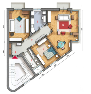 1 Ingresso
2 Corridoio
3 Bagno
4 Camera da letto matrimoniale
5 Zona pranzo
6 Soggiorno
7 Bow window
8 Cucina
9 Studio/camera ospiti 1 Ingresso
2 Corridoio
3 Bagno
4 Camera da letto matrimoniale
5 Zona pranzo
6 Soggiorno
7 Bow window
8 Cucina
9 Studio/camera ospiti