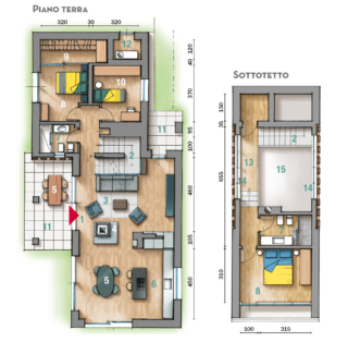 1 Ingresso 2 Scala
3 Soggiorno 4 Camino
5 Zona pranzo 6 Cucina 7 Bagno 8 Camera matrimoniale 9 Cabina armadio
10 Camera singola 11 Loggia 12 Lavanderia 13 Passerella 14 Finestre con mandolato 15 Zona a doppia altezza 1 Ingresso 2 Scala
3 Soggiorno 4 Camino
5 Zona pranzo 6 Cucina 7 Bagno 8 Camera matrimoniale 9 Cabina armadio
10 Camera singola 11 Loggia 12 Lavanderia 13 Passerella 14 Finestre con mandolato 15 Zona a doppia altezza