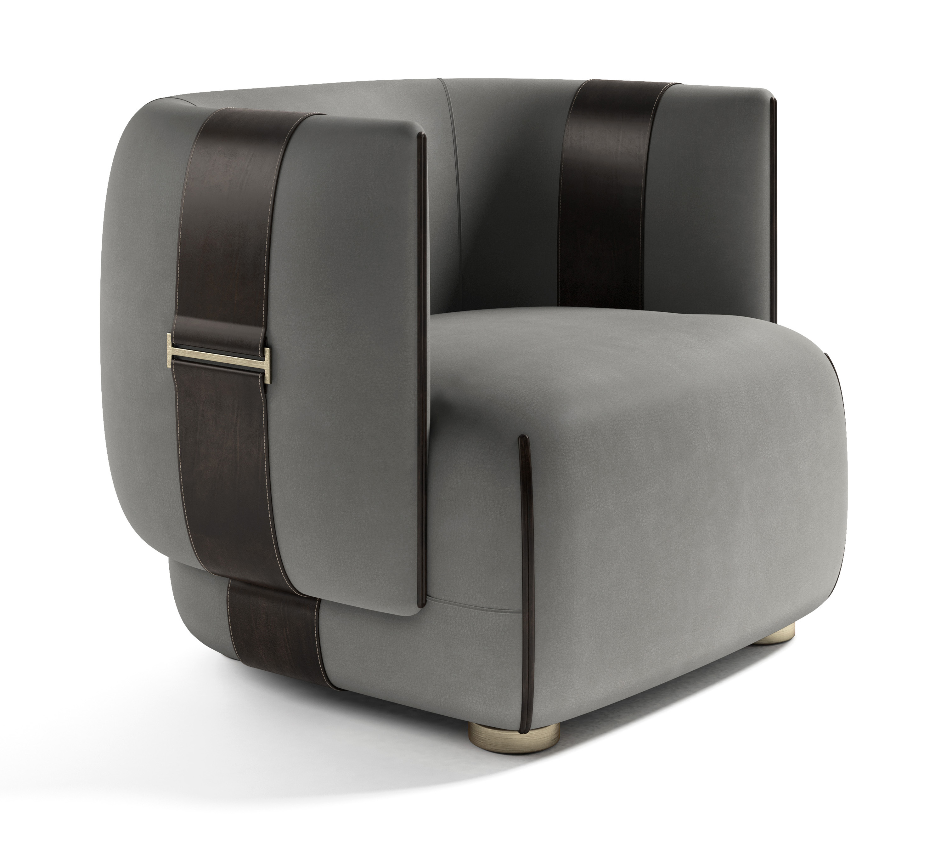 Dettagli sartoriali per la poltrona Zurich di Gianfranco Ferré Home che ha una forma compatta, rivestita in pelle Nabuk colore Silver, con impunture decorative in tinta e cinghie decorative in pelle Blush colore Brown. I piedini sono in metallo nella finitura Brushed Bronze. https://gianfrancoferrehome.com - Salone del mobile 2025, padiglione 13, Stand C03. Dettagli sartoriali per la poltrona Zurich di Gianfranco Ferré Home che ha una forma compatta, rivestita in pelle Nabuk colore Silver, con impunture decorative in tinta e cinghie decorative in pelle Blush colore Brown. I piedini sono in metallo nella finitura Brushed Bronze. https://gianfrancoferrehome.com - Salone del mobile 2025, padiglione 13, Stand C03.