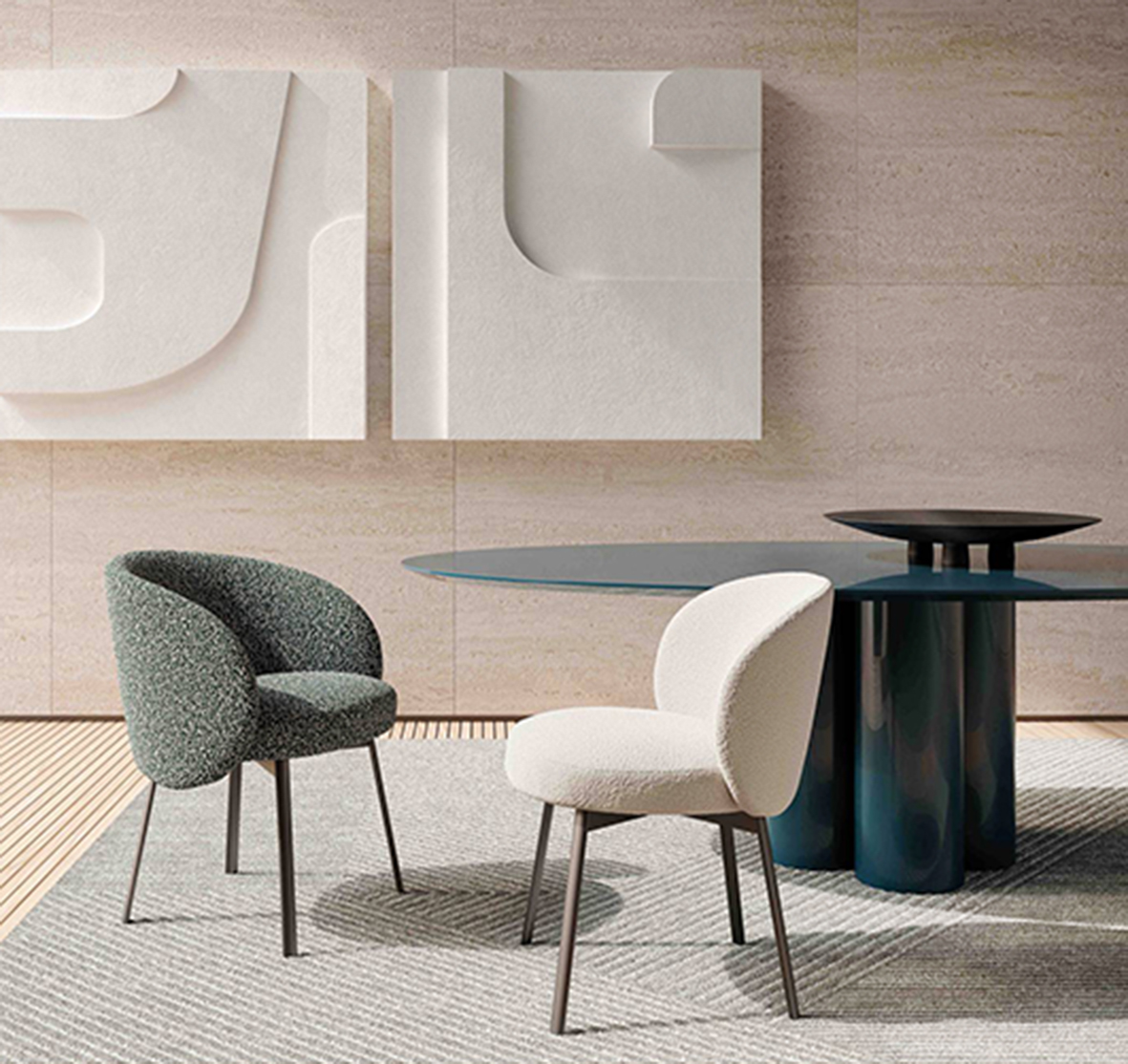 Grazie alla struttura avvolgente la poltroncina e la sedia imbottite Hug di Frigerio abbracciano il commensale. La linea essenziale e le gambe sottili in metallo mettono in risalto la texture del rivestimento. Misurano L 57 x P 60 x H 77 cm e L 56 x P 60 x H 77 cm. Prezzo a partire da 1.724 euro + Iva. www.frigerio.com Grazie alla struttura avvolgente la poltroncina e la sedia imbottite Hug di Frigerio abbracciano il commensale. La linea essenziale e le gambe sottili in metallo mettono in risalto la texture del rivestimento. Misurano L 57 x P 60 x H 77 cm e L 56 x P 60 x H 77 cm. Prezzo a partire da 1.724 euro + Iva. www.frigerio.com