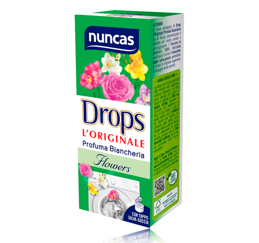 Liquido e concentrato Drops Profuma Biancheria di Nuncas si aggiunge durante l’ultimo risciacquo. Adatto per cotone, lino, materiale sintetico, seta e viscosa, è disponibile in 4 fragranze differenti. Da 100 ml. Prezzo 11,20 euro. www.nuncas.it Liquido e concentrato Drops Profuma Biancheria di Nuncas si aggiunge durante l’ultimo risciacquo. Adatto per cotone, lino, materiale sintetico, seta e viscosa, è disponibile in 4 fragranze differenti. Da 100 ml. Prezzo 11,20 euro. www.nuncas.it