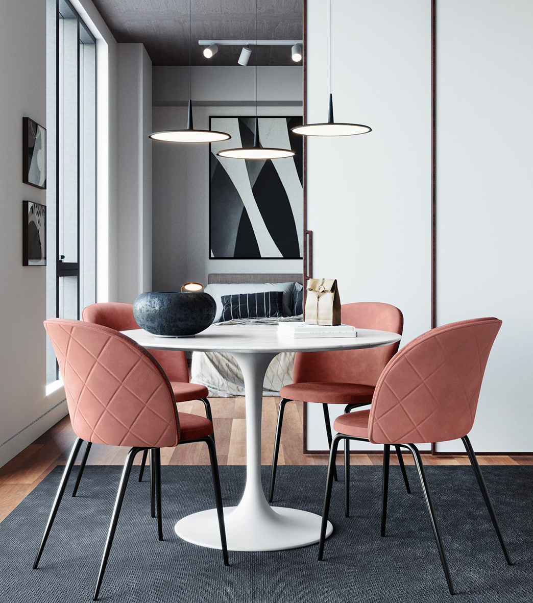 Ispirazione Anni Cinquanta per la sedia Georgia di Deghi, imbottita e rivestita in morbido velluto  rosa; lo schienale è impreziosito da una lavorazione trapuntata sul retro. Le sottili gambe sono realizzate in metallo nero. Misura L 50 x P 60 x H 80 cm. Prezzo 208 euro (per il set da 4 pezzi). www.deghi.it Ispirazione Anni Cinquanta per la sedia Georgia di Deghi, imbottita e rivestita in morbido velluto  rosa; lo schienale è impreziosito da una lavorazione trapuntata sul retro. Le sottili gambe sono realizzate in metallo nero. Misura L 50 x P 60 x H 80 cm. Prezzo 208 euro (per il set da 4 pezzi). www.deghi.it