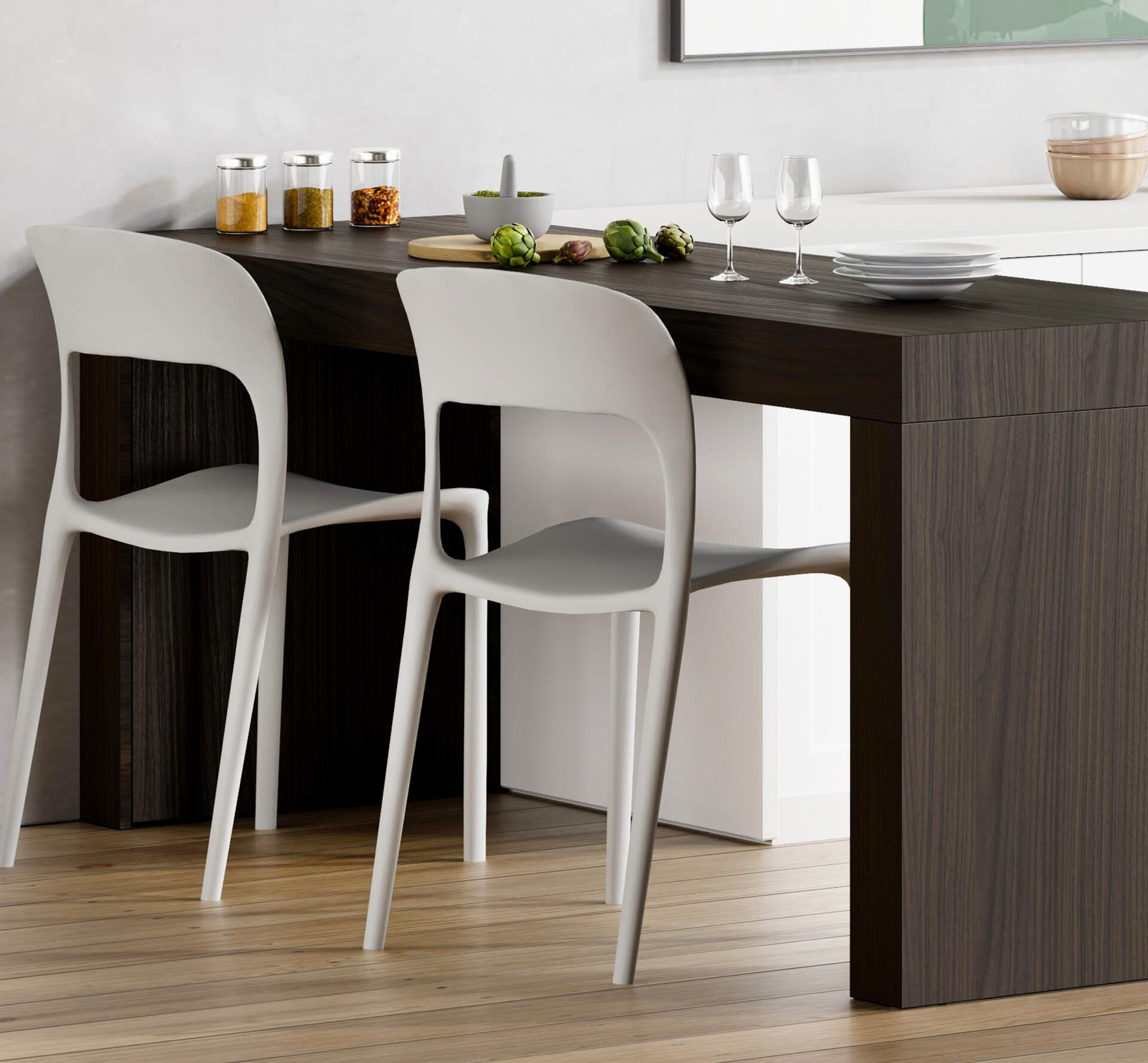 Trovano posto sotto il bancone della cucina le sedie impilabili Amanda di Mobili Fiver completamente prodotte in polipropilene grigio che le rende resistenti e facili da pulire; inoltre, possono essere utilizzate anche all'esterno. Misurano L 42 x P 55 x H 83,5 cm. Prezzo 187 euro (per il set da 4 pezzi). https://www.mobilifiver.com